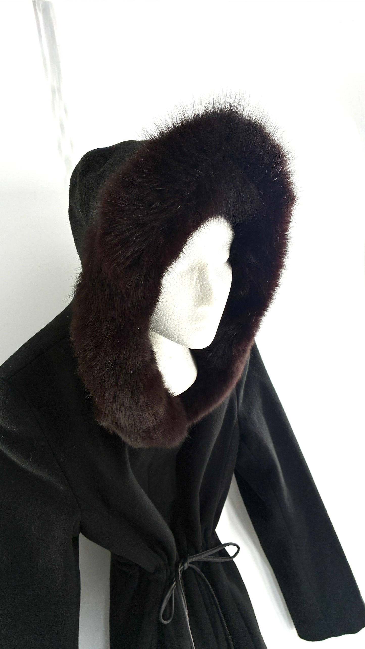 Vintage STEVE by SEARLE Cashmere Blend Coat with Underbust Tie and Fur Hood