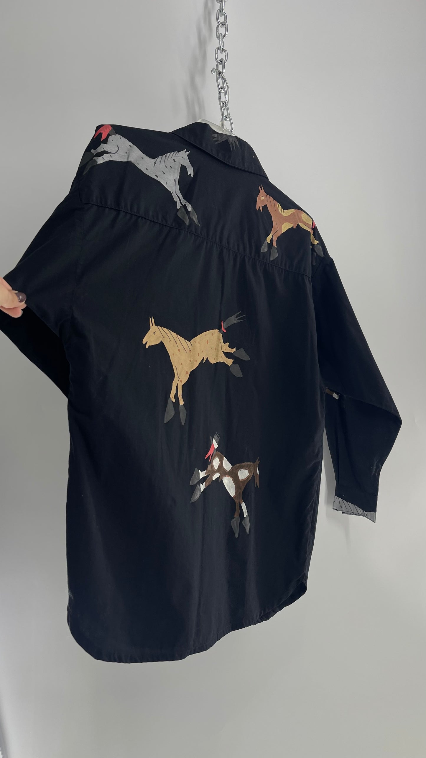 WHERE ITAT Black Button Up with Hand Painted Horses 100% Pima Cotton with Tags Attached (Small)