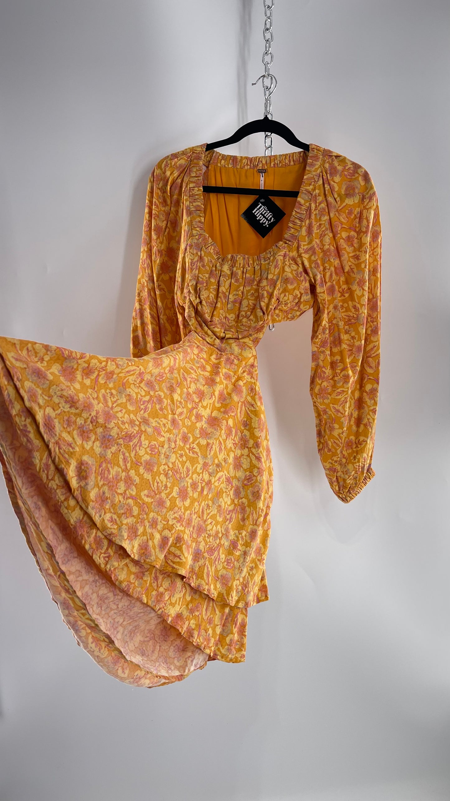 Free People Yellow Cut Out Golden Florals Dress with Ruched Bust and Balloon Sleeves (XS)