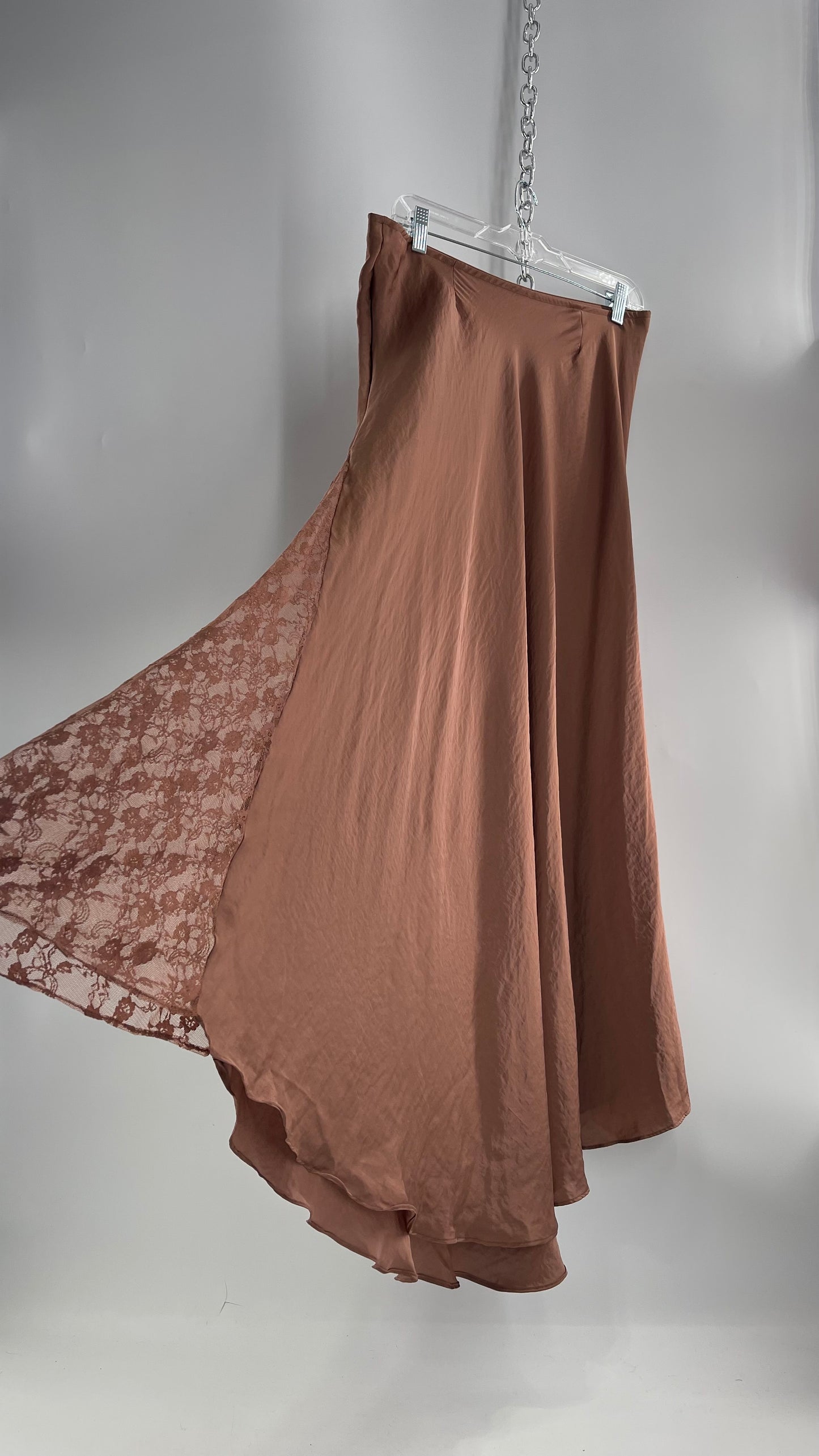 Intimately Free People Brown/Dusty Mauve Satin Maxi Skirt with Lace Paneling (Medium)