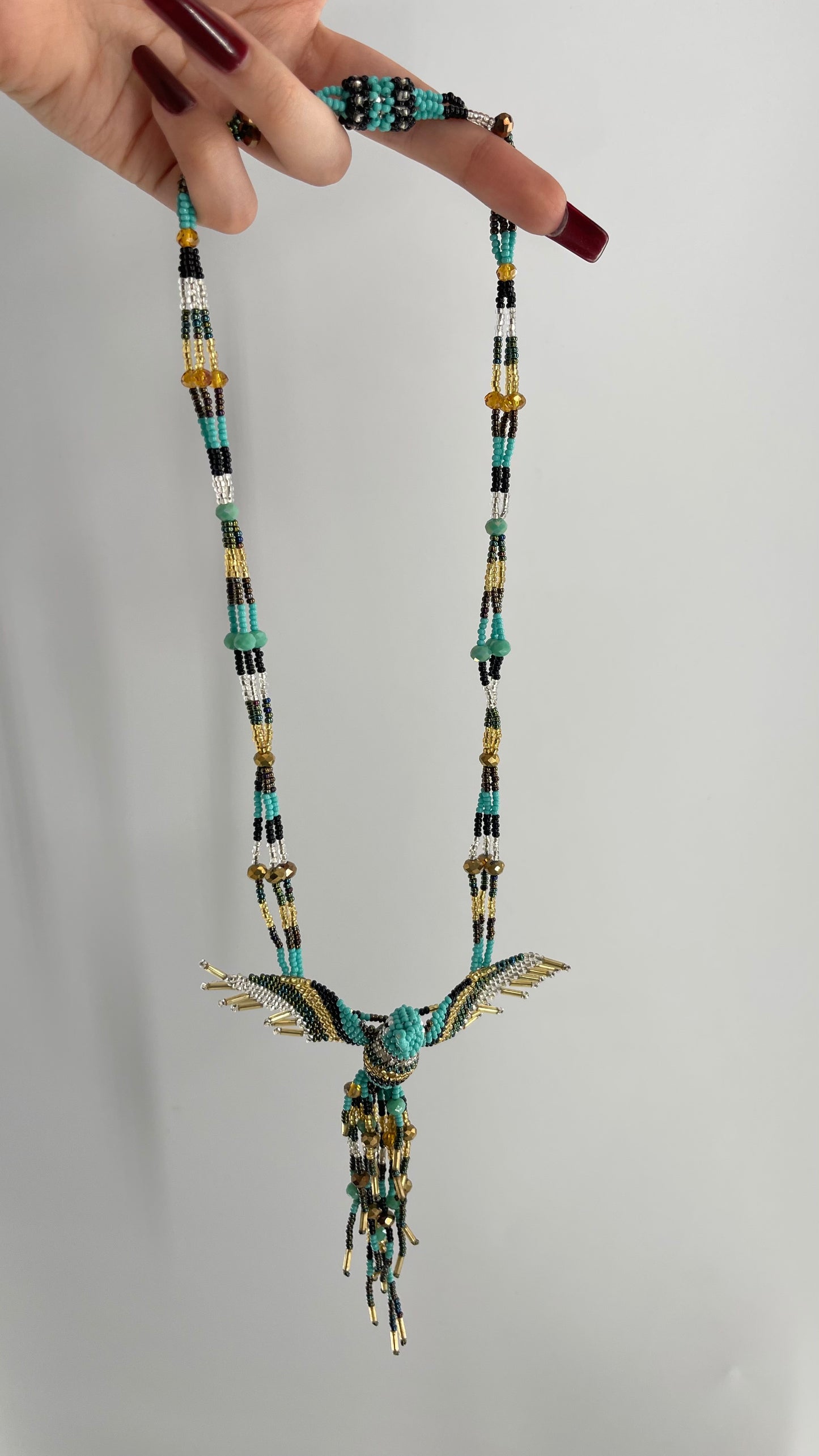 Vintage Beaded Turquoise 3D Handmade Bird Necklace