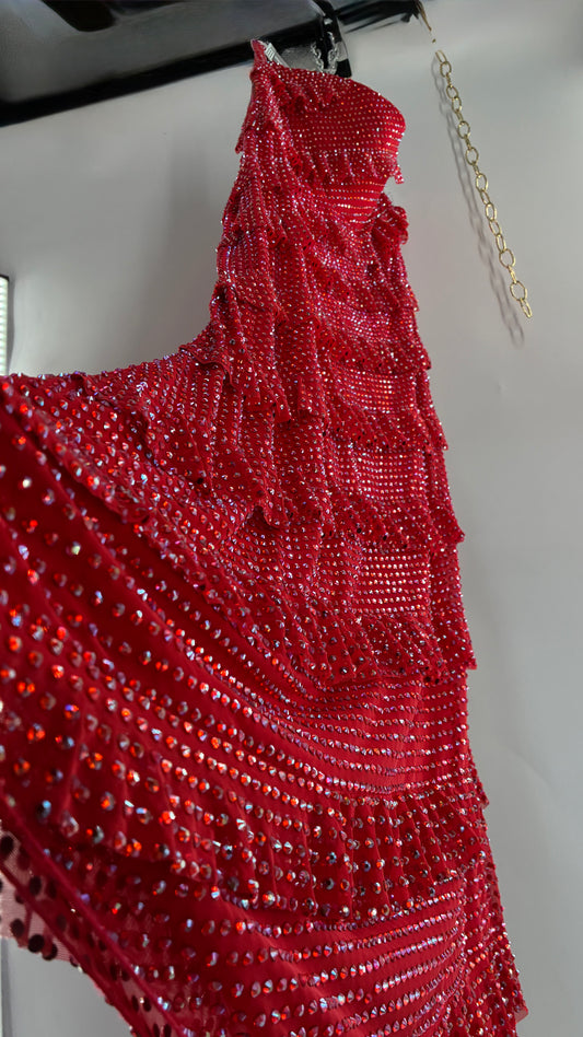 OH POLLY Red Ruffle, Heavy Gown Covered in Iridescent Rhinestones NWOT (14)