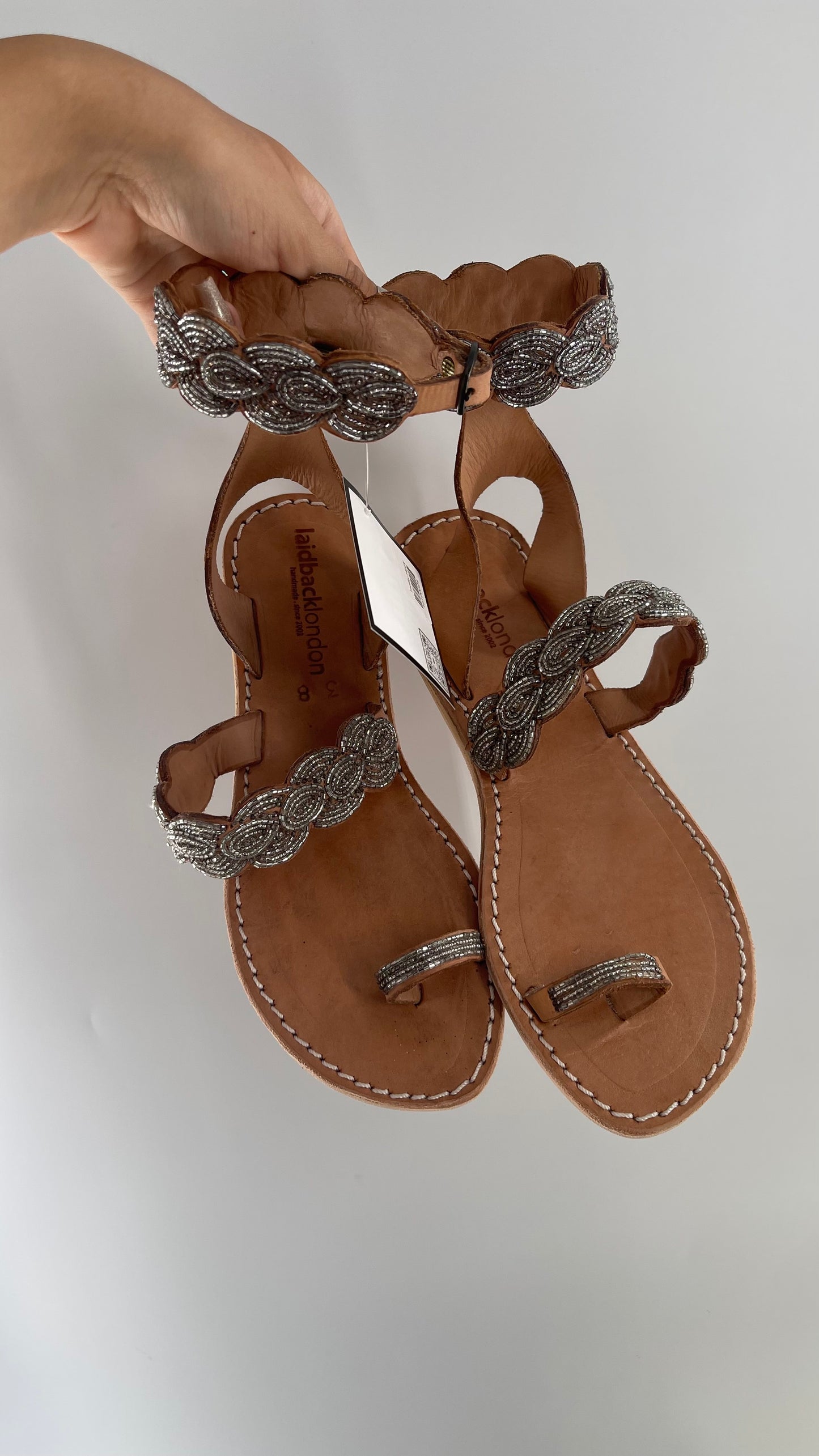 Free People Laidback London Handmade Sandals with Tan Leather Straps Covered in Silver Beaded Details (38)