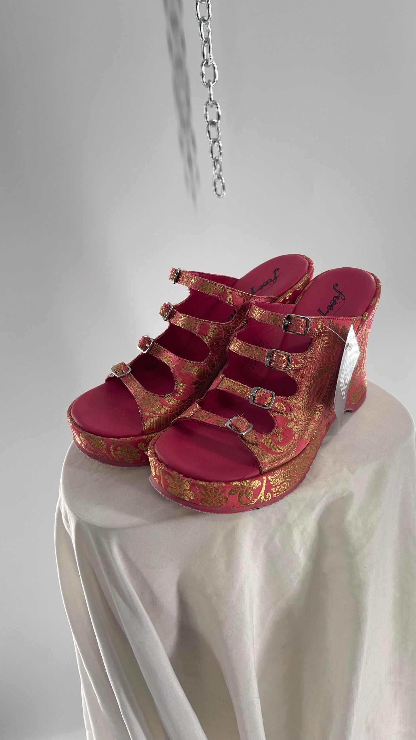 Free People Hot Pink Hoffman Buckle Front Wedge Heels with Satin Gold Paisley/Brocade Pattern (37)