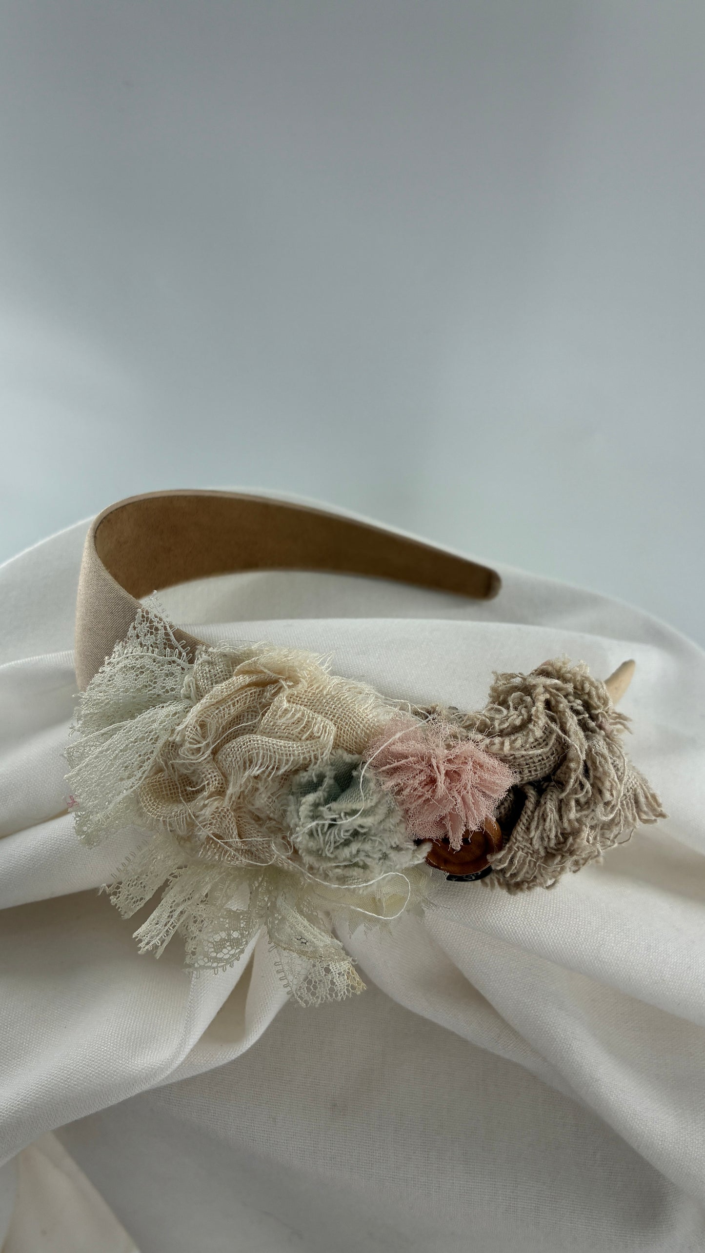 Vintage FARMER Handmade Headband with Ribbon, Flower, Button Appliqués