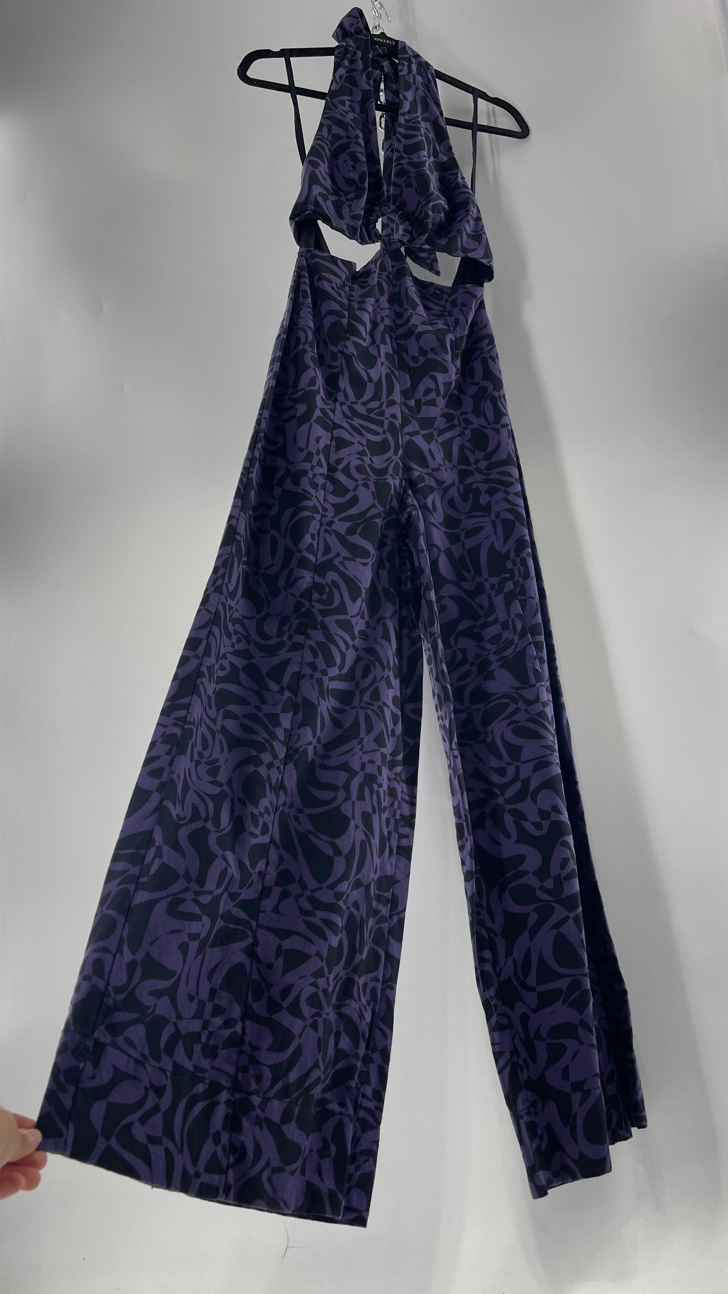 Free People Kira Retro Black and Purple Wide Leg Halter Jumpsuit with Tortoise Bust Loop  (XS)