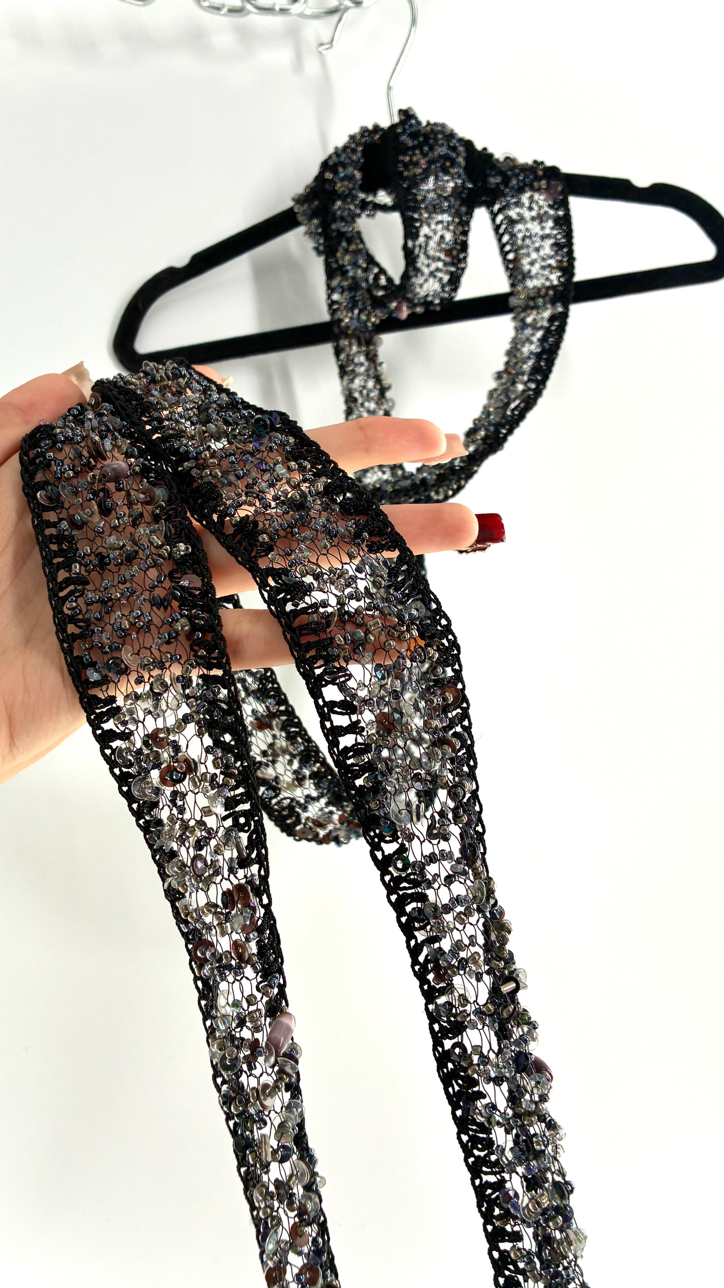 Vintage Black Netted + Crochet Scarf Necklace Covered in Heavy Beading