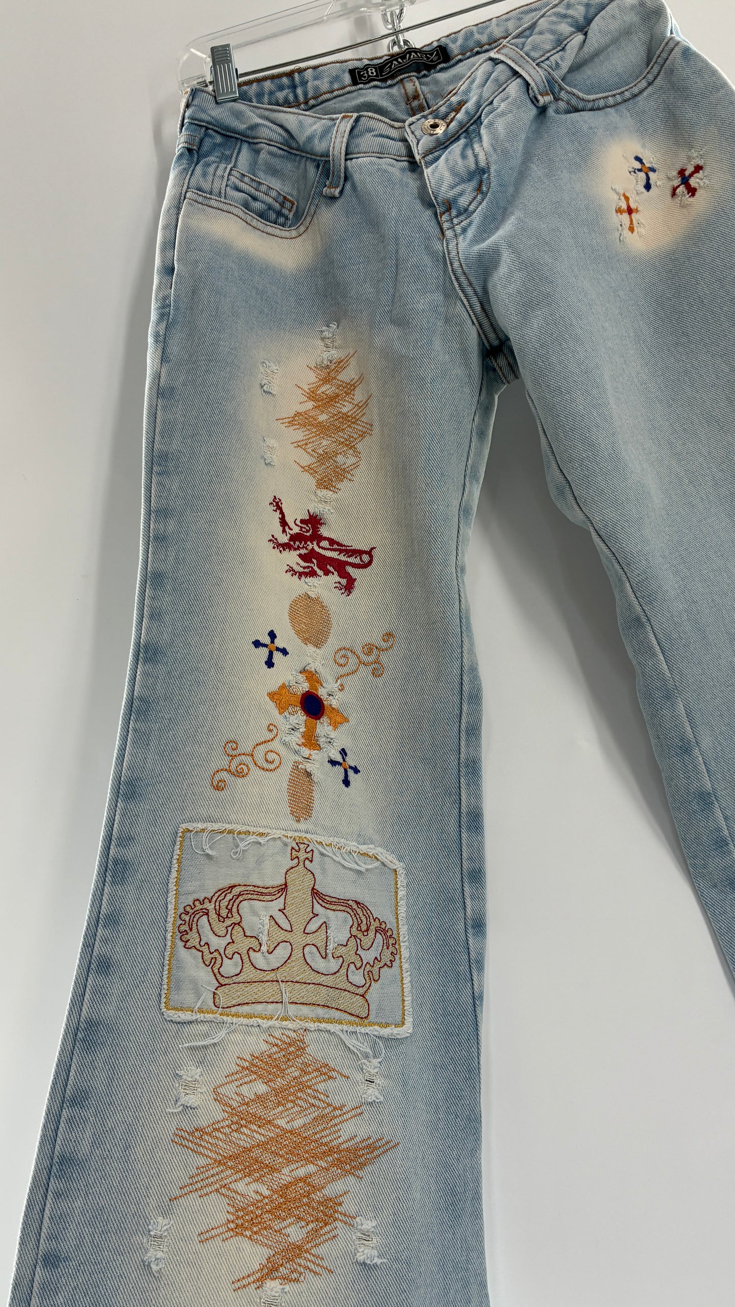 Vintage SAWARY Light Wash Brazilian Jeans with Fade and Embroidered Details (38)