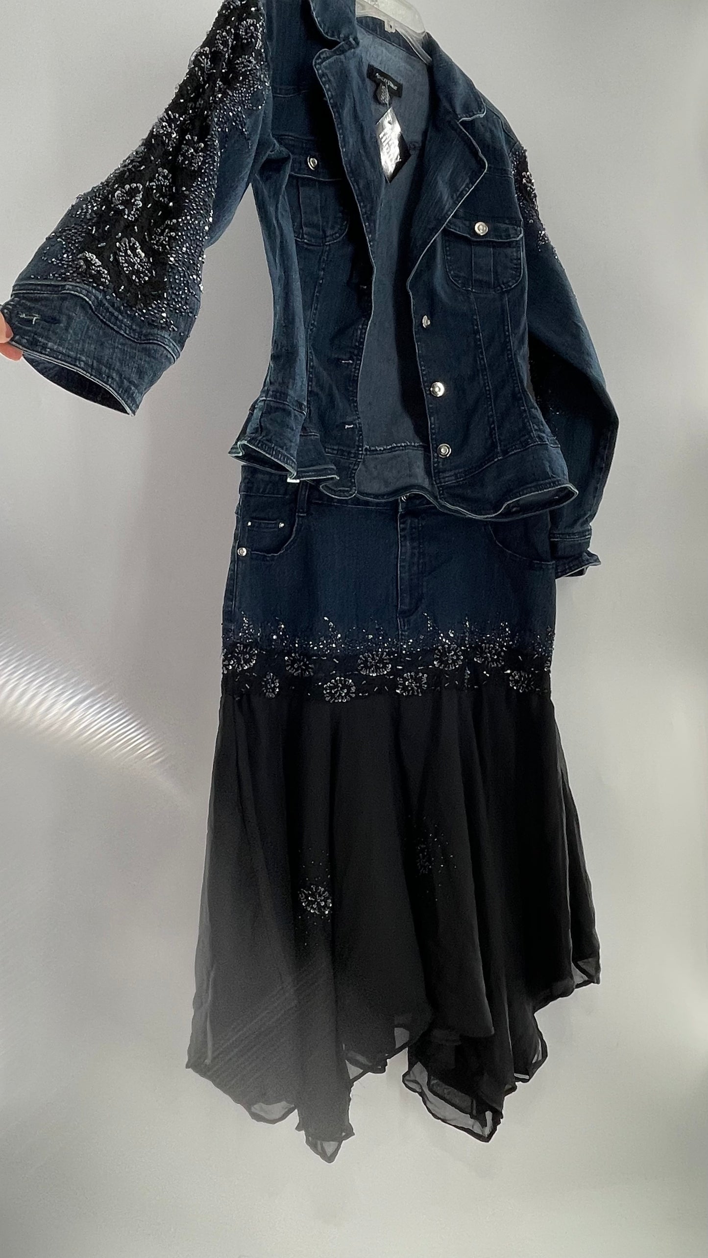 Vintage Ashley Stewart Denim Skirt and Button Up Set with Black Embroidered and Beaded Lace Details + Handkerchief Skirt (16W)