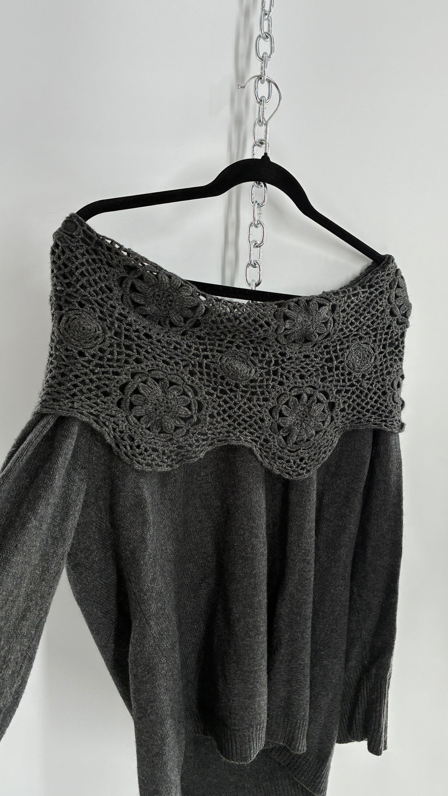 Vintage ELENA MIRO 29% Virgin Wool 8% Angora Wool 8% Cashmere Grey Off the Shoulder Crochet Band Sweater (Medium)
