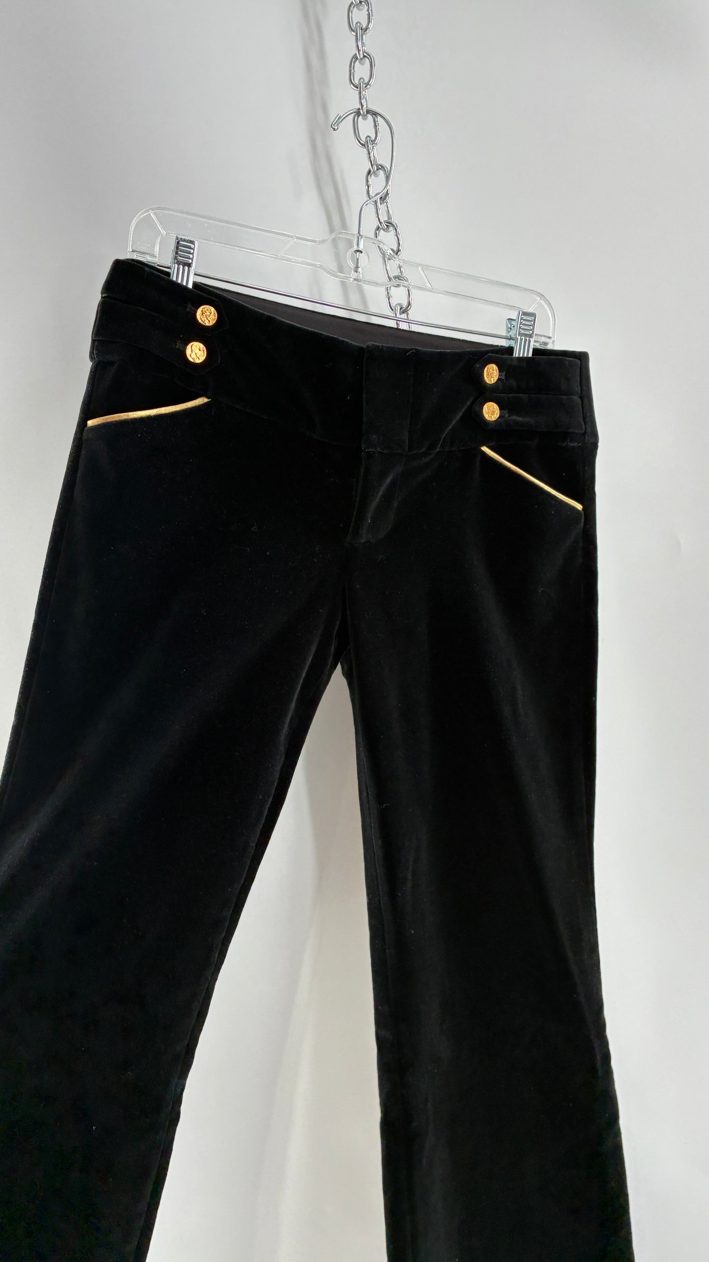 Vintage Alice + Olivia Thick Black Velour Low Rise Kickflare Pants with Thick Waistband with Gold Coin Detailing (6)