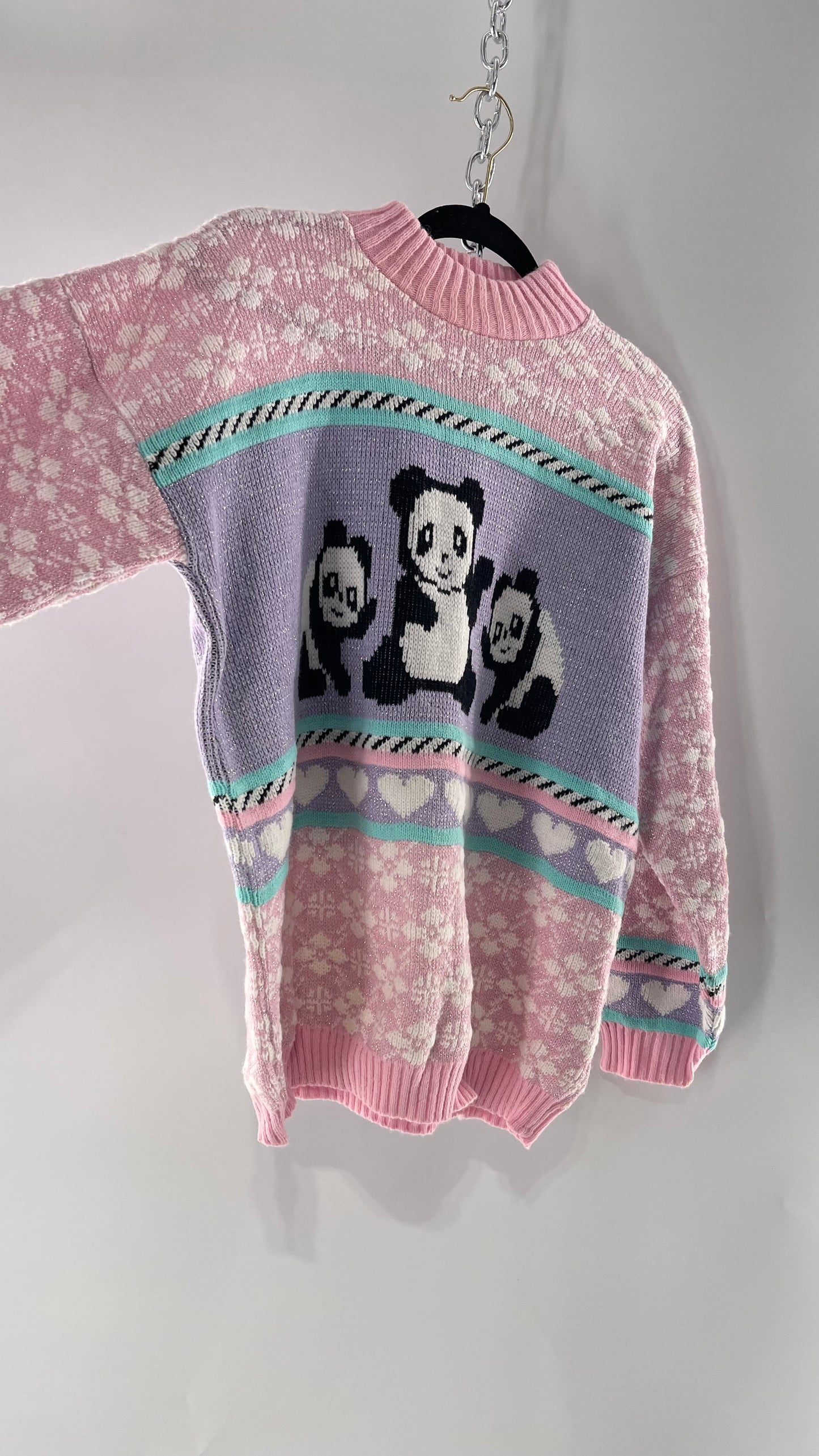RARE 80s Vintage Adele Pastel Pink, Purple, Mint Silver Tinsel Sweater with Anime/Manga Art Style Pandas (Medium)