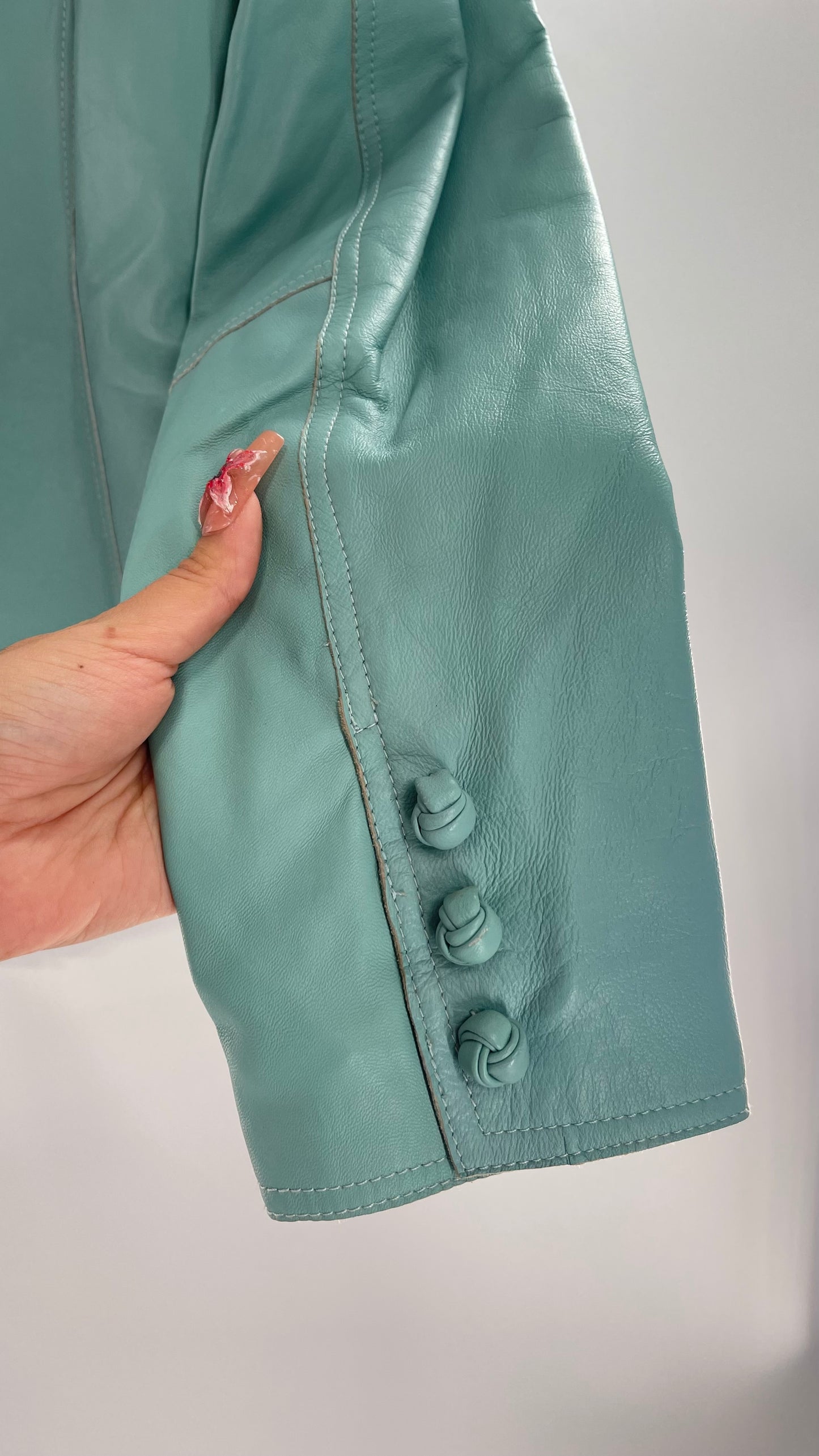 Vintage 1990s Pamela McCoy Eggshell/Tiffany Blue Leather Blazer Jacket (XS)