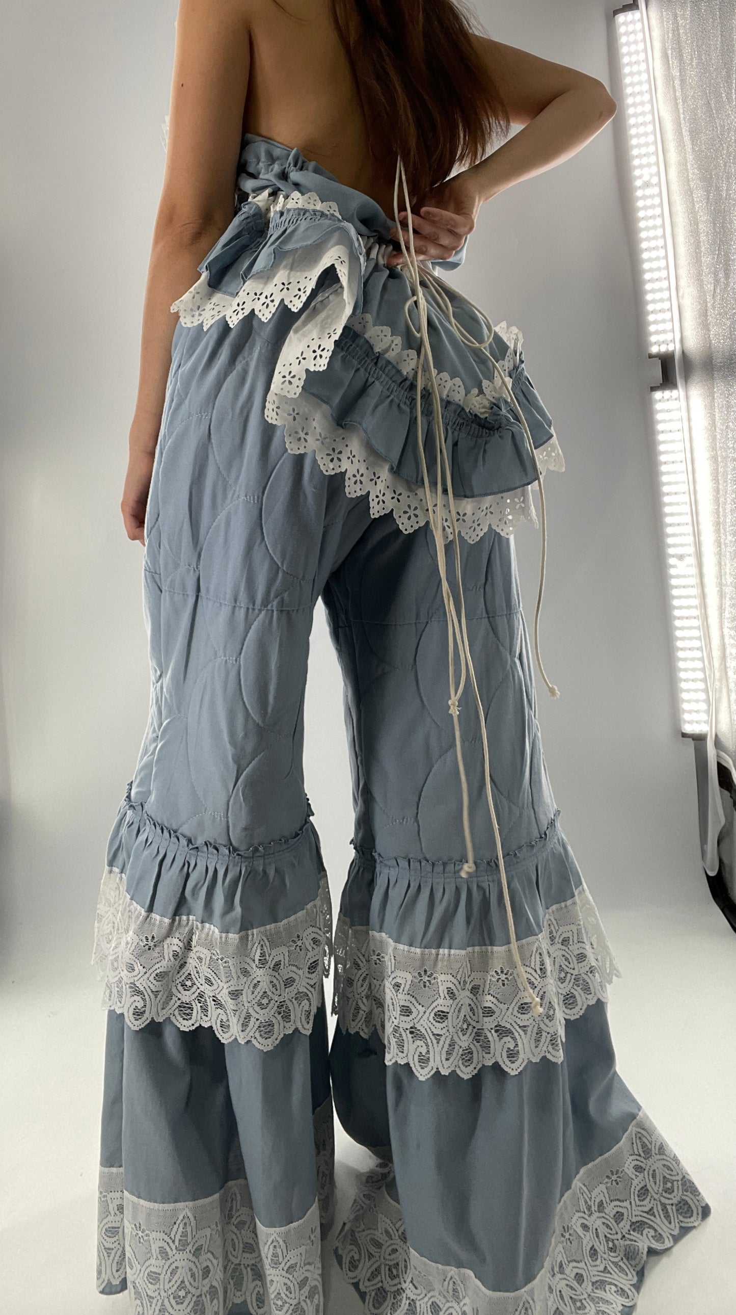 Vintage 2 Piece Powder Blue Set Featuring 2Way Blouse and Quilted Trousers Covered in Ruffles, Lace and Trim (One Size)