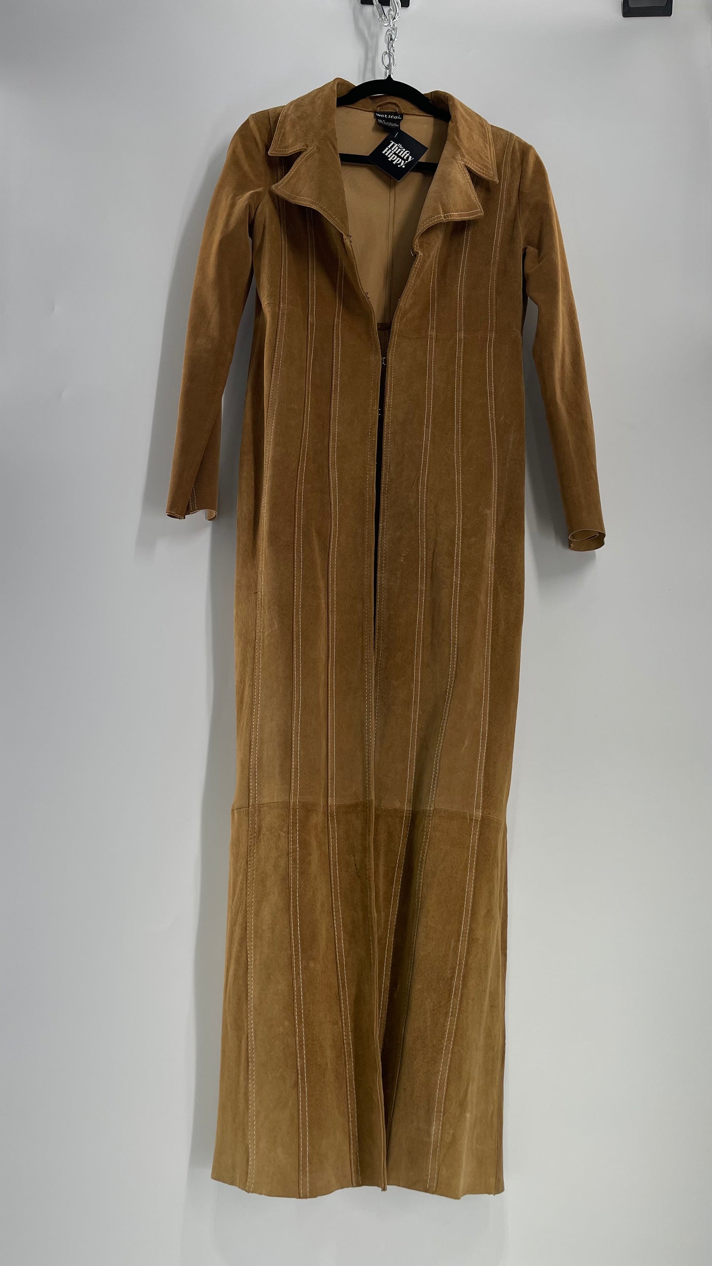 Vintage Wet Seal Full Length Paneled Tan Leather Sweeping Coat (Small)