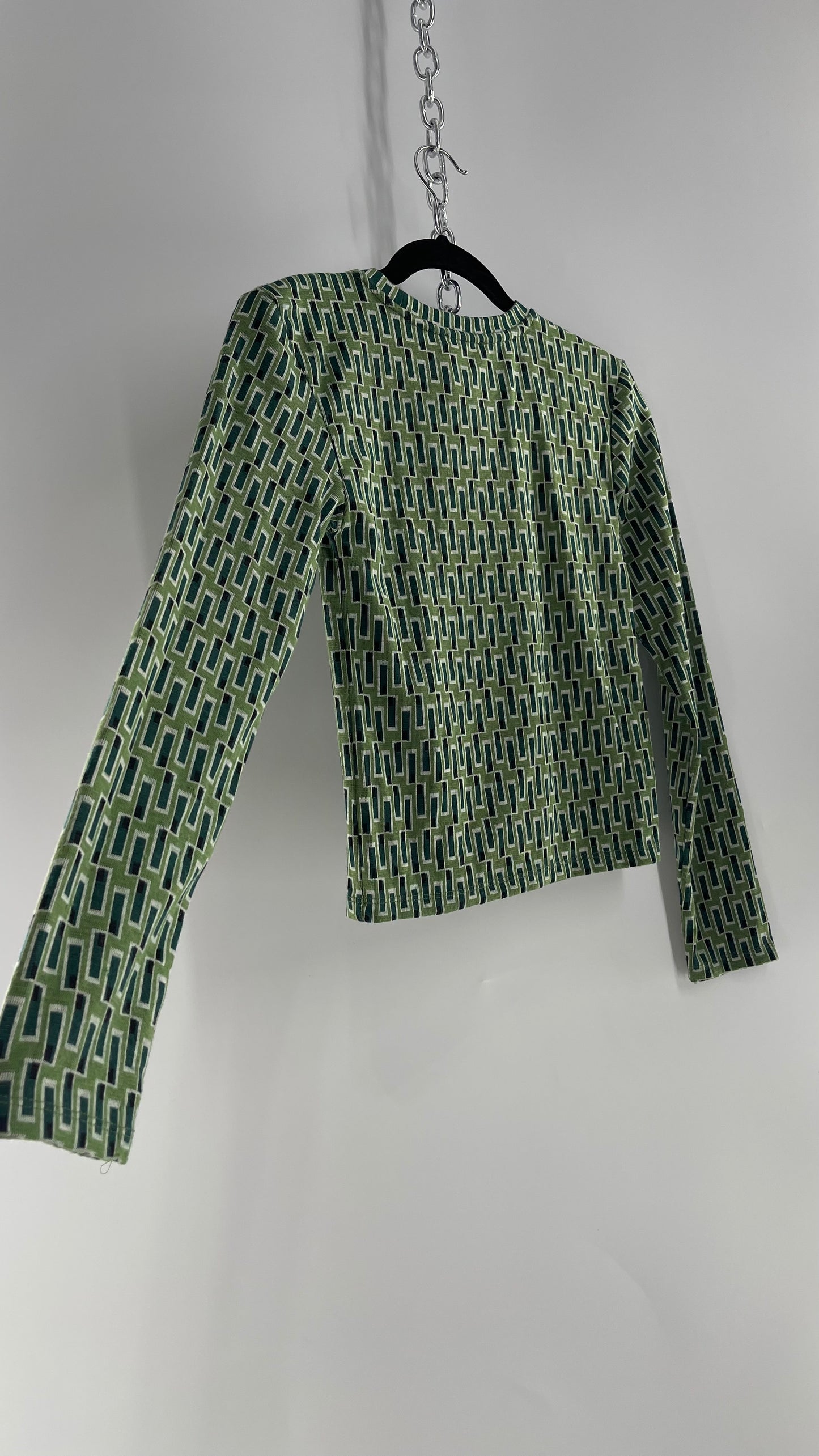 ZARA Retro Mock Neck Green Patterned Long Sleeve (Small)