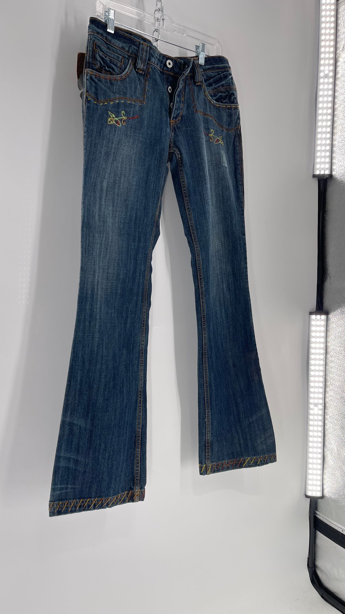 Vintage RARE Antik Denim Kick Flares with Embroidered Flower Design and Contrast Stitching (28)