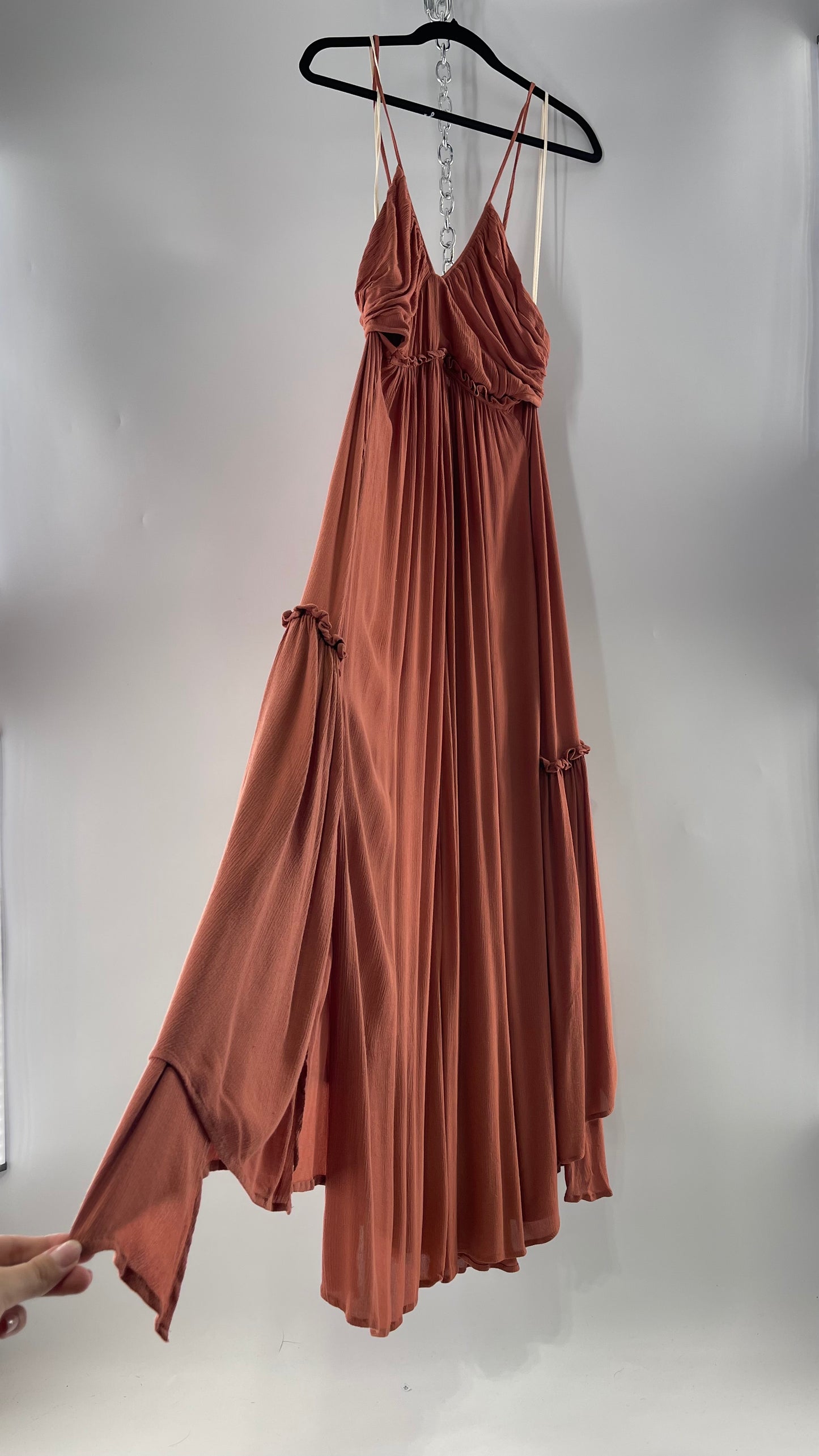 Free People Terracotta/Apricot Toned Voluminous Gown with Open Cut Out Sides and Low, Open Back (Large)