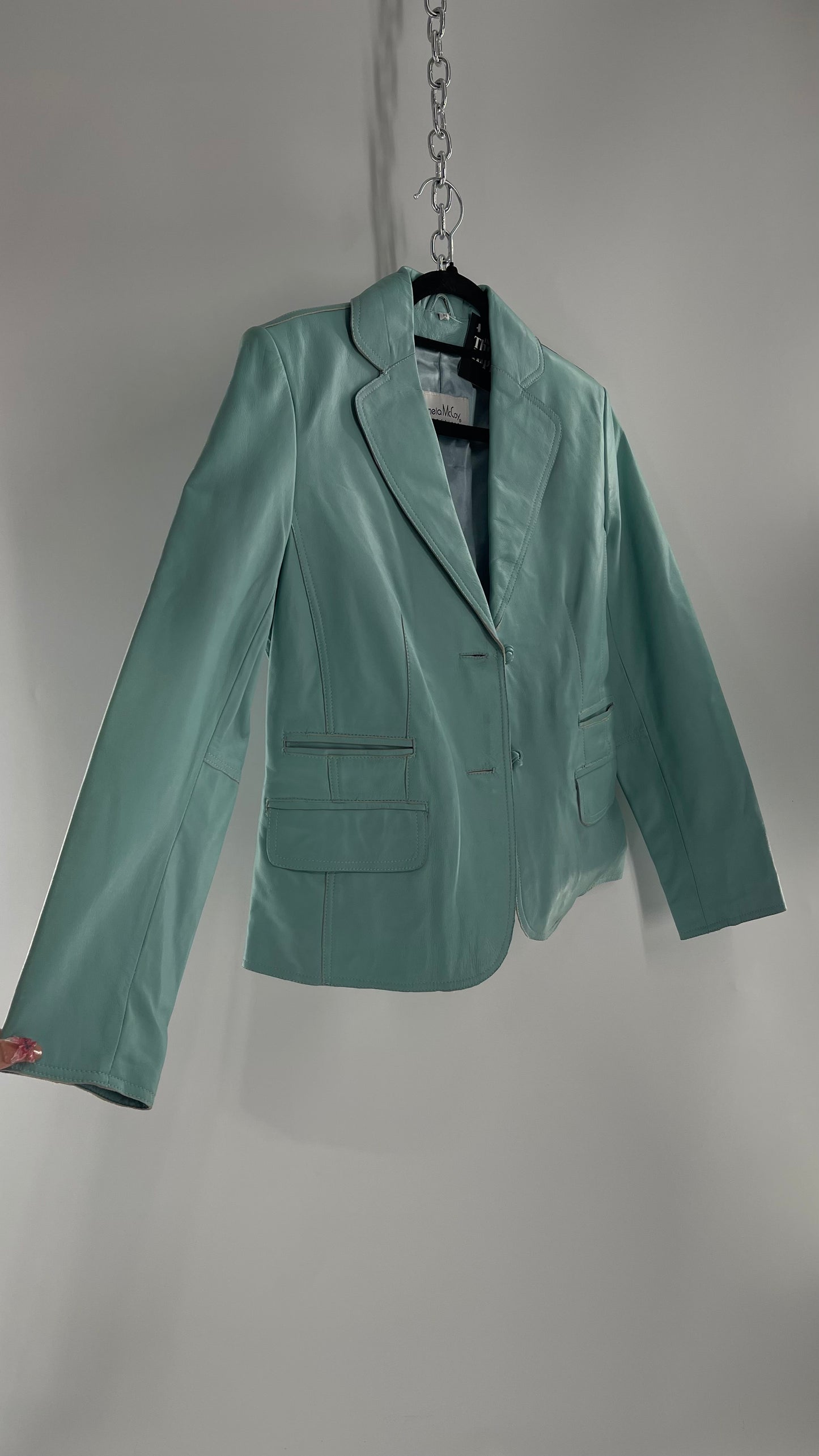 Vintage 1990s Pamela McCoy Eggshell/Tiffany Blue Leather Blazer Jacket (XS)