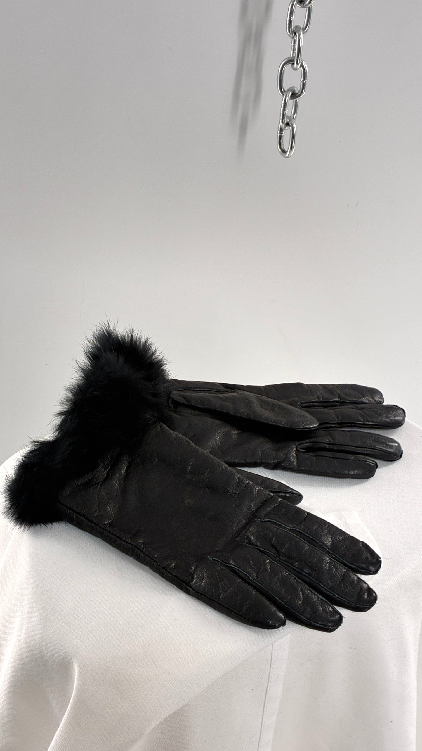 Vintage Black Genuine Leather Gloves with Rabbit Fur Trim