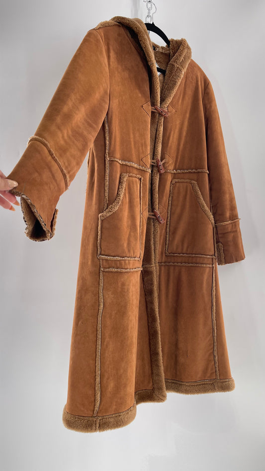 Vintage Faux Suede Long Hooded Coat with Fur Trim/Piping (C)(Medium)