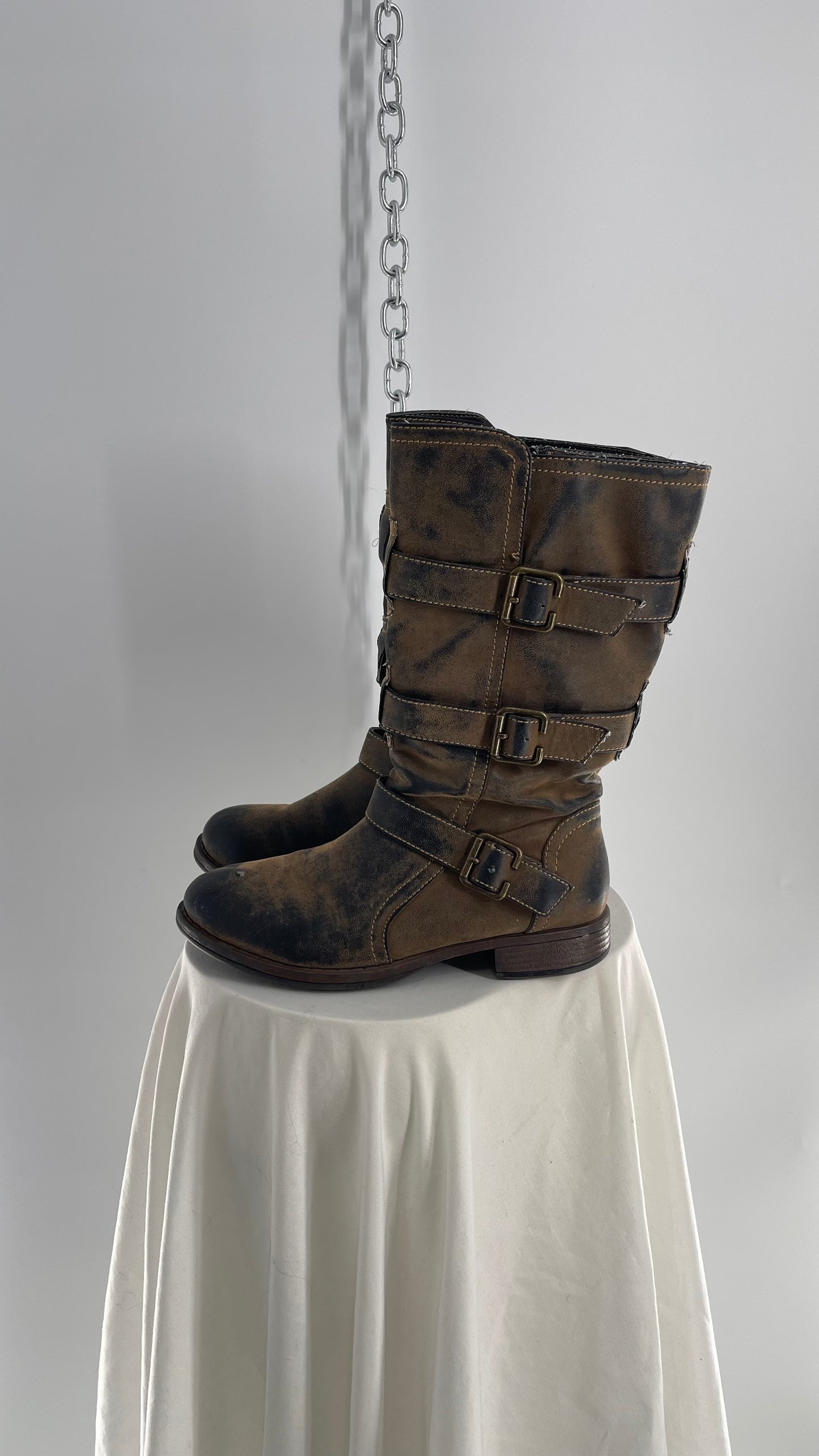 Vintage Mixed Tone Triple Buckle Boots (7.5)