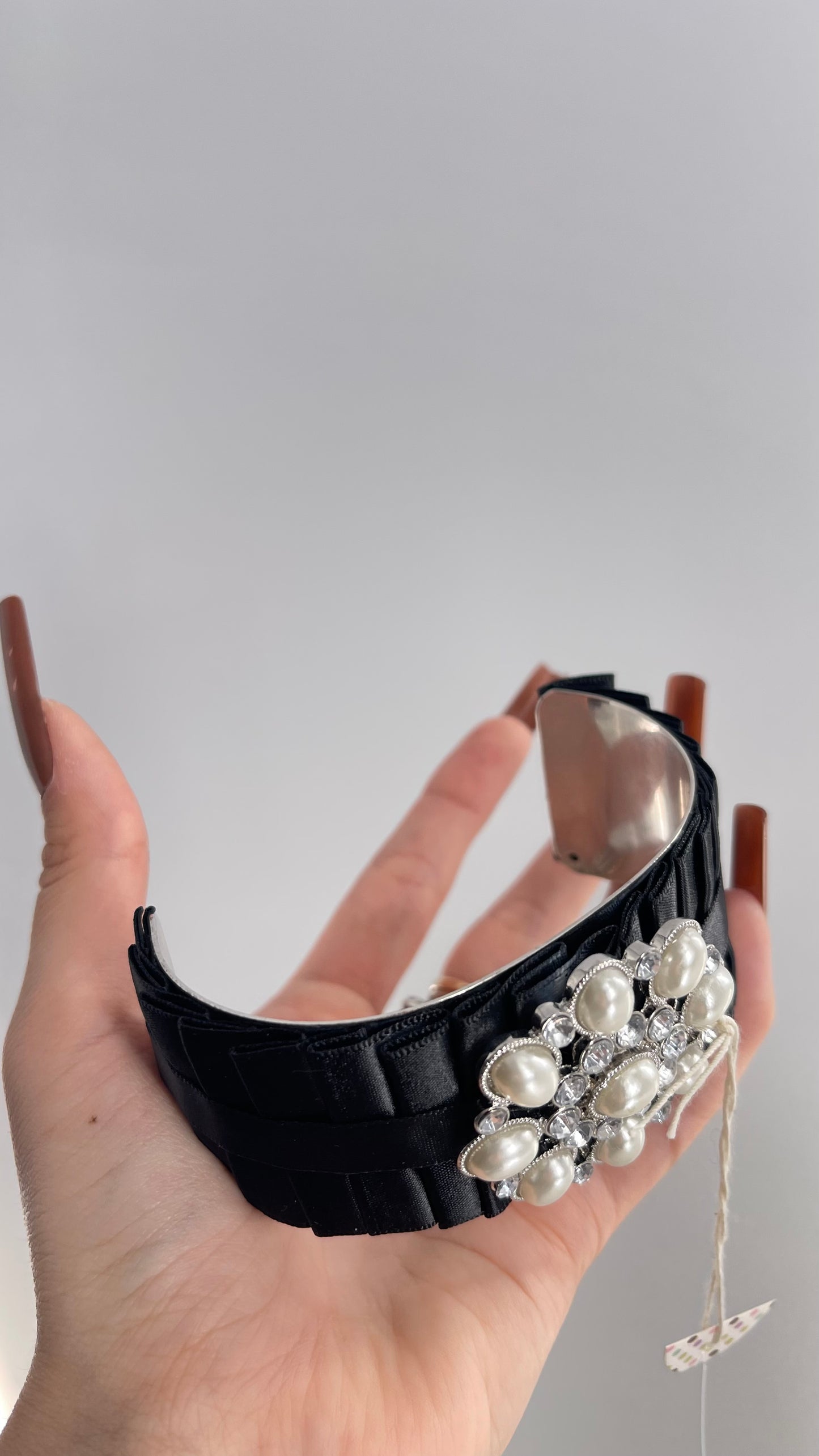 Vintage Black Pearl Ribbon Adjustable Bracelet, Arm Cuff