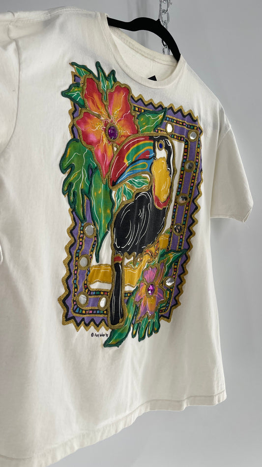 Vintage FUNWEAR 1992 White T Shirt Hand Dyed and Puff Painted with Tropical Motifs (M/L)