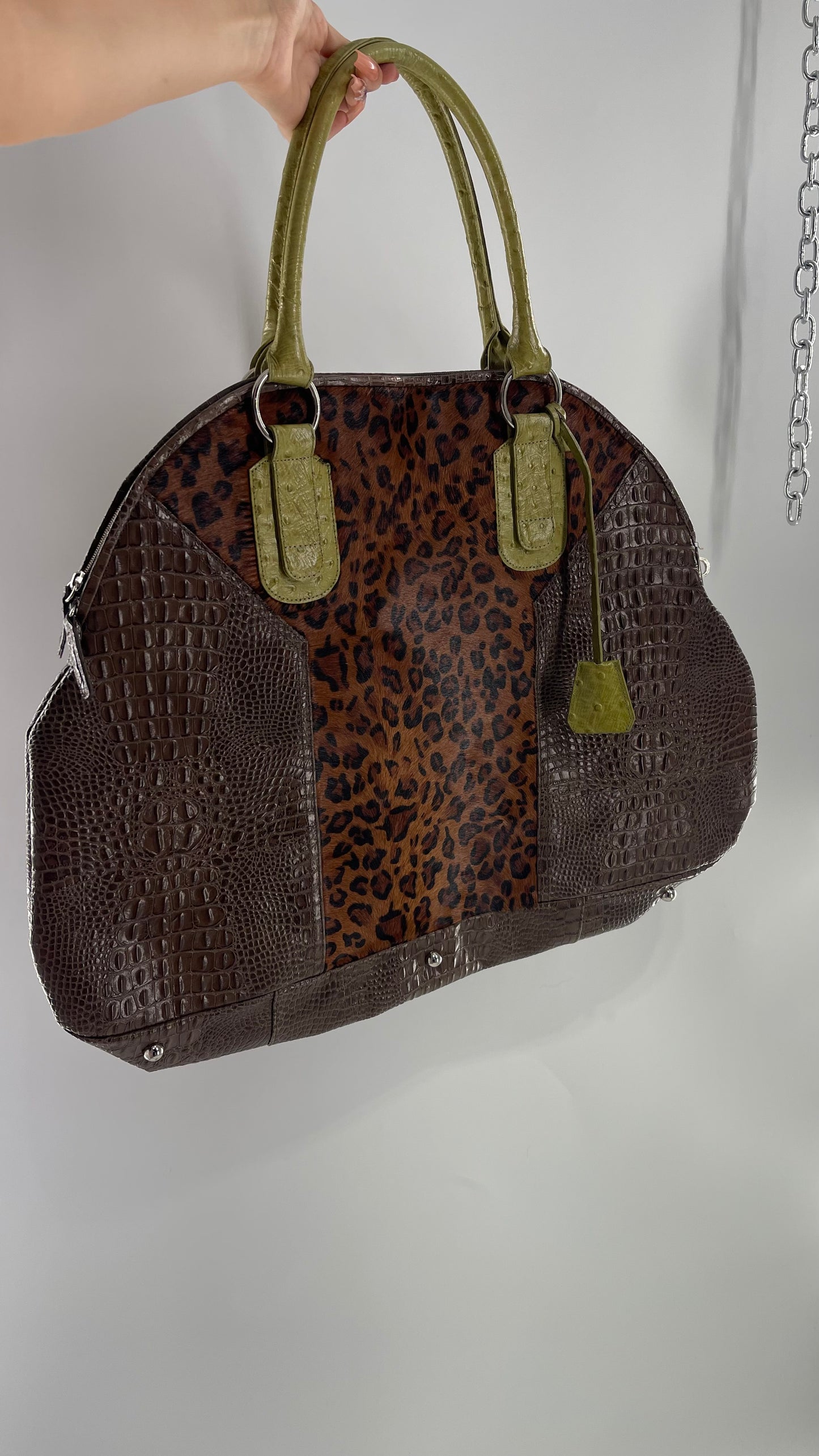 CLÉO & PATEK PARIS Leather Crocodile Texture Sides, Ostrich Texture Straps and Cheetah Fur Texture Center with Velvet Lining