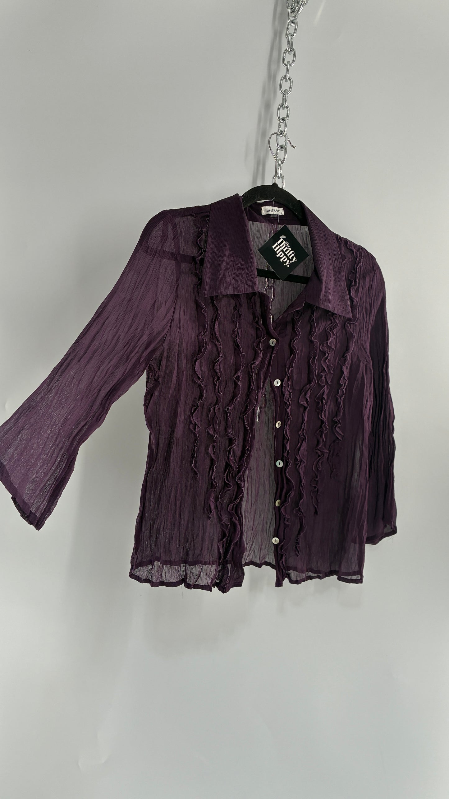 Vintage 1990s JAIPUR Purple Crimped Button Blouse with Ruffled Details (Small)