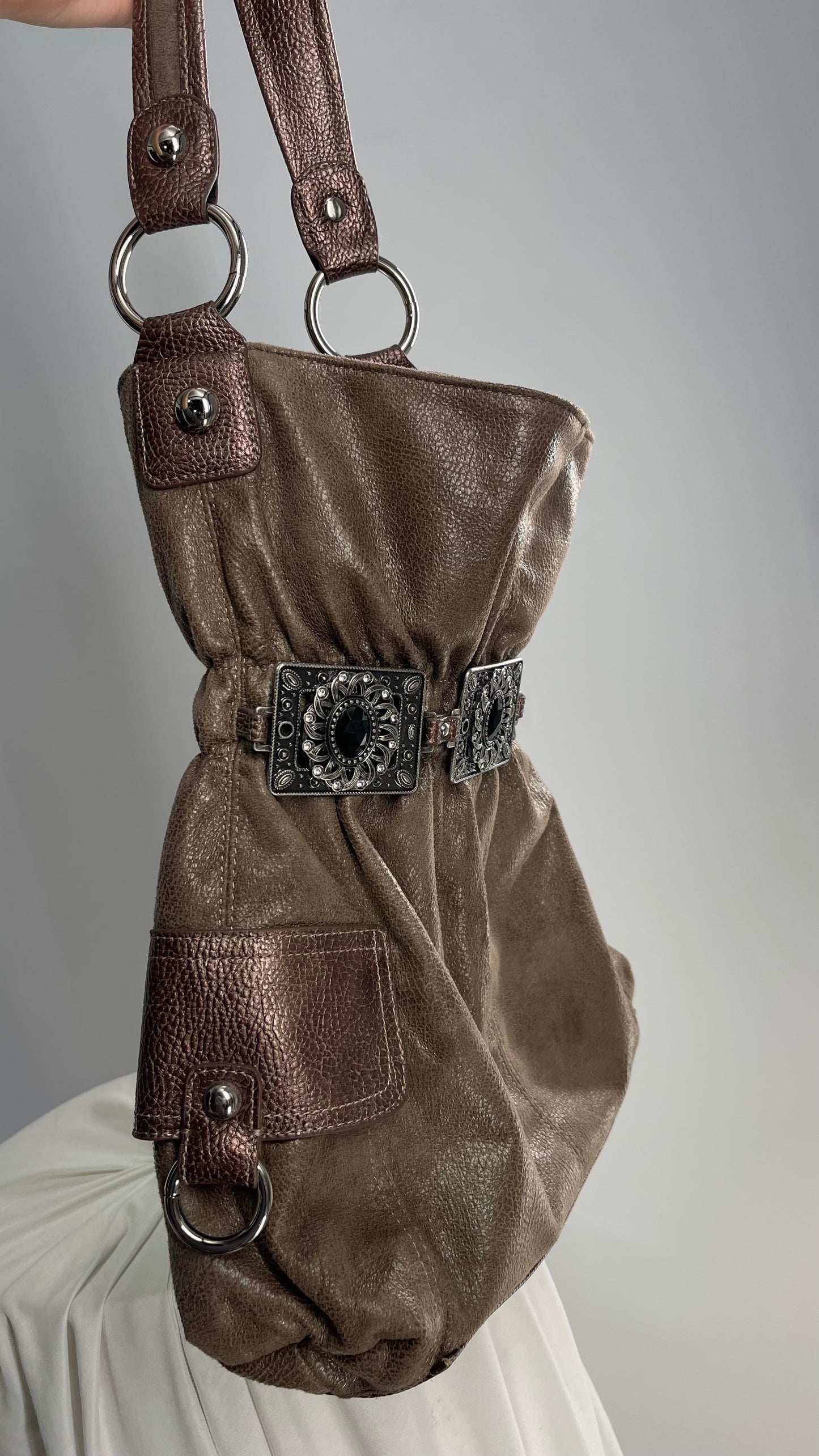 Vintage Kathy Van Zeeland Brown Leather Buckle Bag with Stone Details