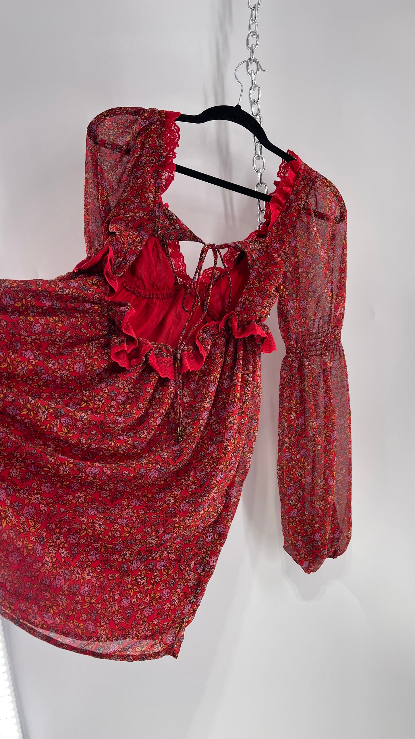 Free People Red Floral Mini Dress with Lace Trim, Open Back and Balloon Sleeves (Small)