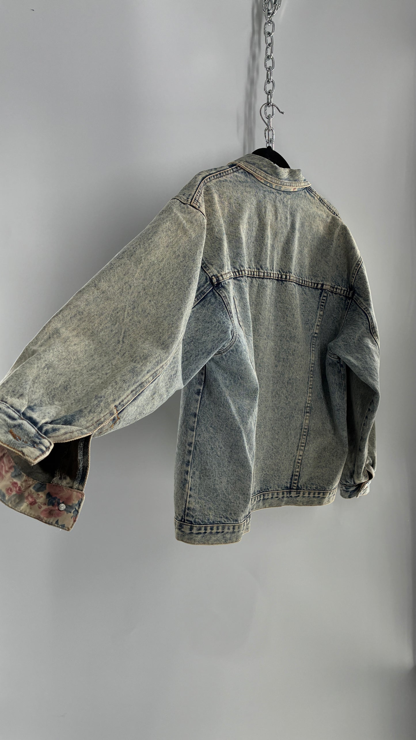 Vintage American Pacific Acid Wash Denim Jacket with Floral Patterned Cuffs (Large)