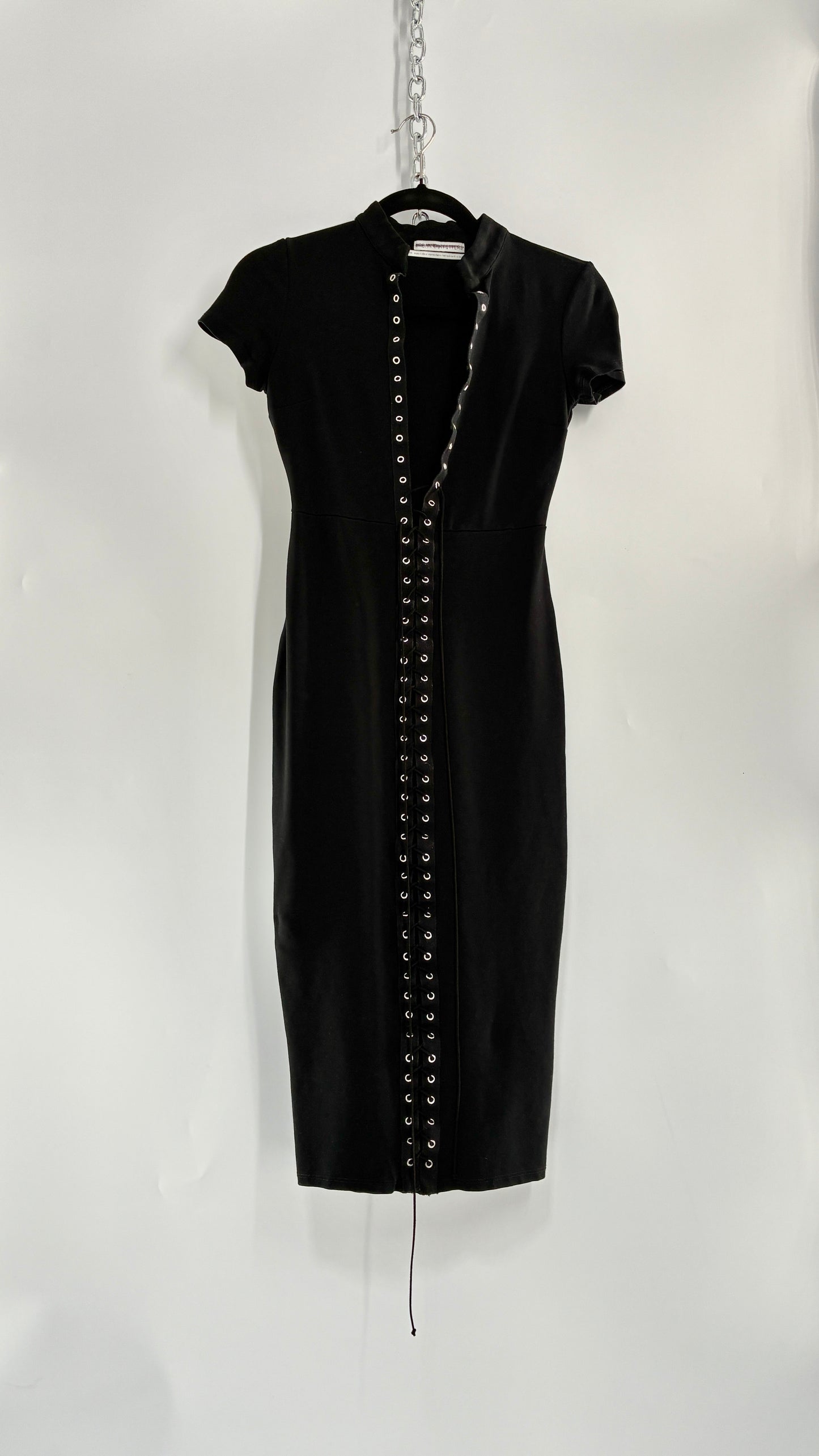 Urban Outfitters Black Midi Bodycon Dress with Tie Up Front and Vented Hem (XS)