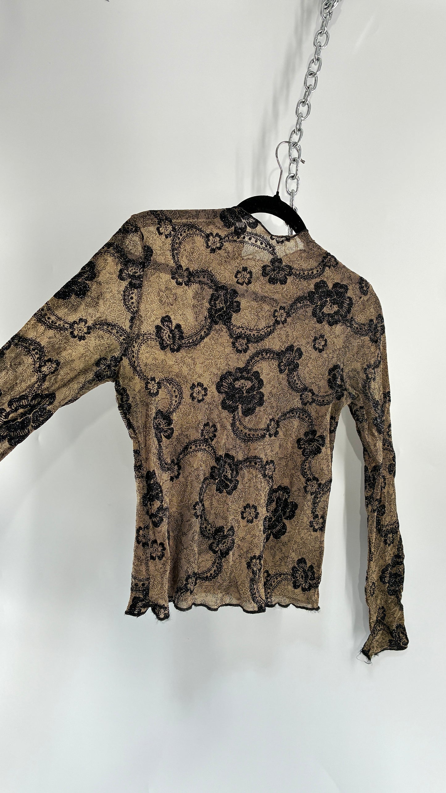 Vintage NEWPORT NEWS Sheer Lace Top with Glitter Floral Design (S/M)