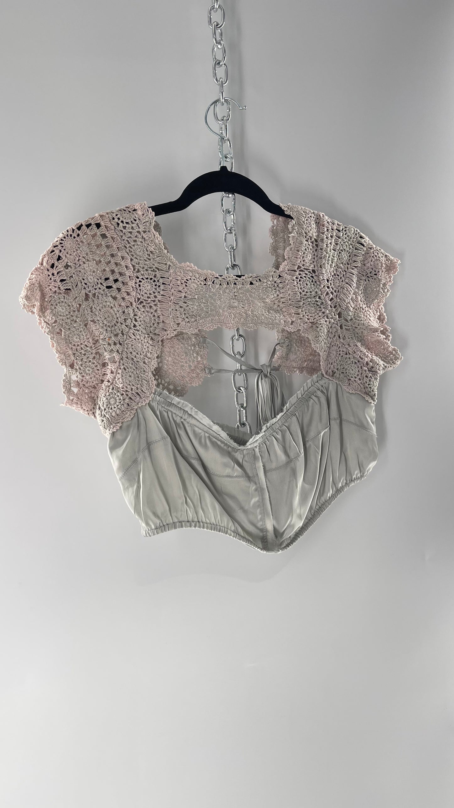 Intimately Free People Silver Satin Cropped Bustier with Crochet Shrug High Neckline (Large)