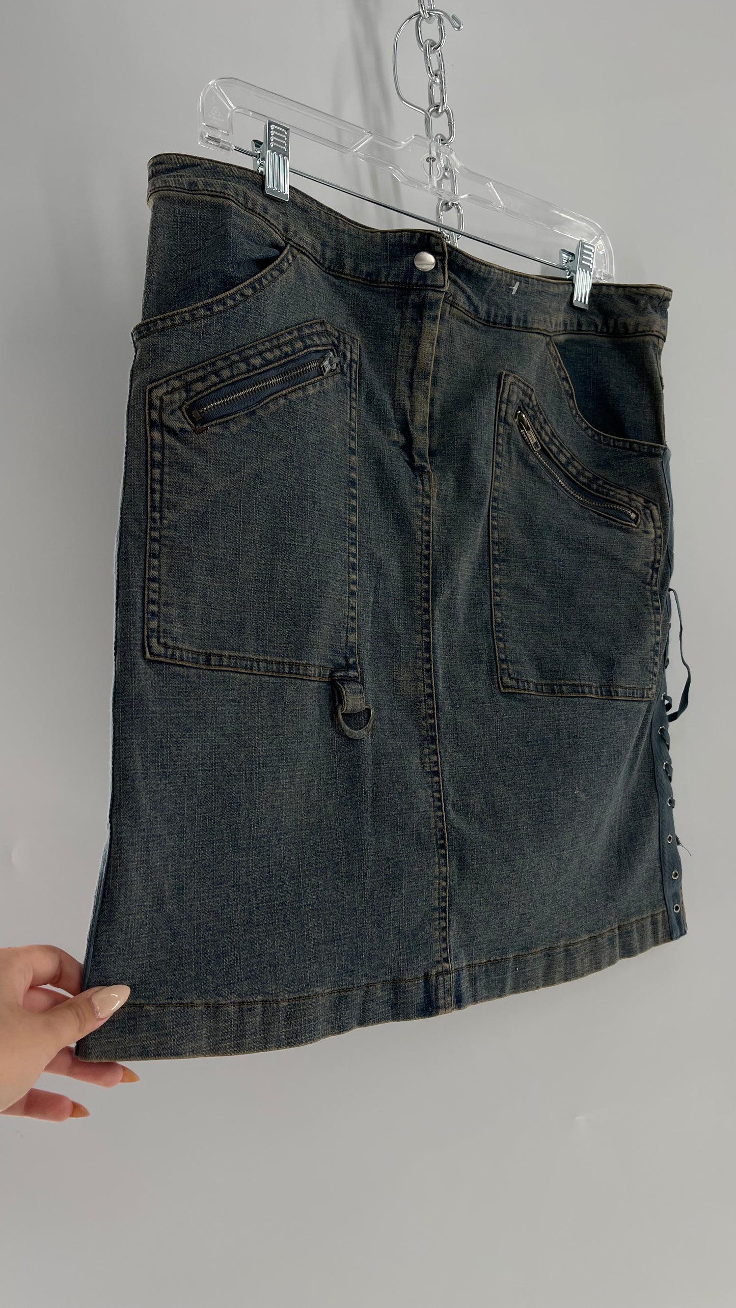 Vintage More Feminine w/o Limits Denim Skirt with Grommet Lace Up Sides and Fade (42)