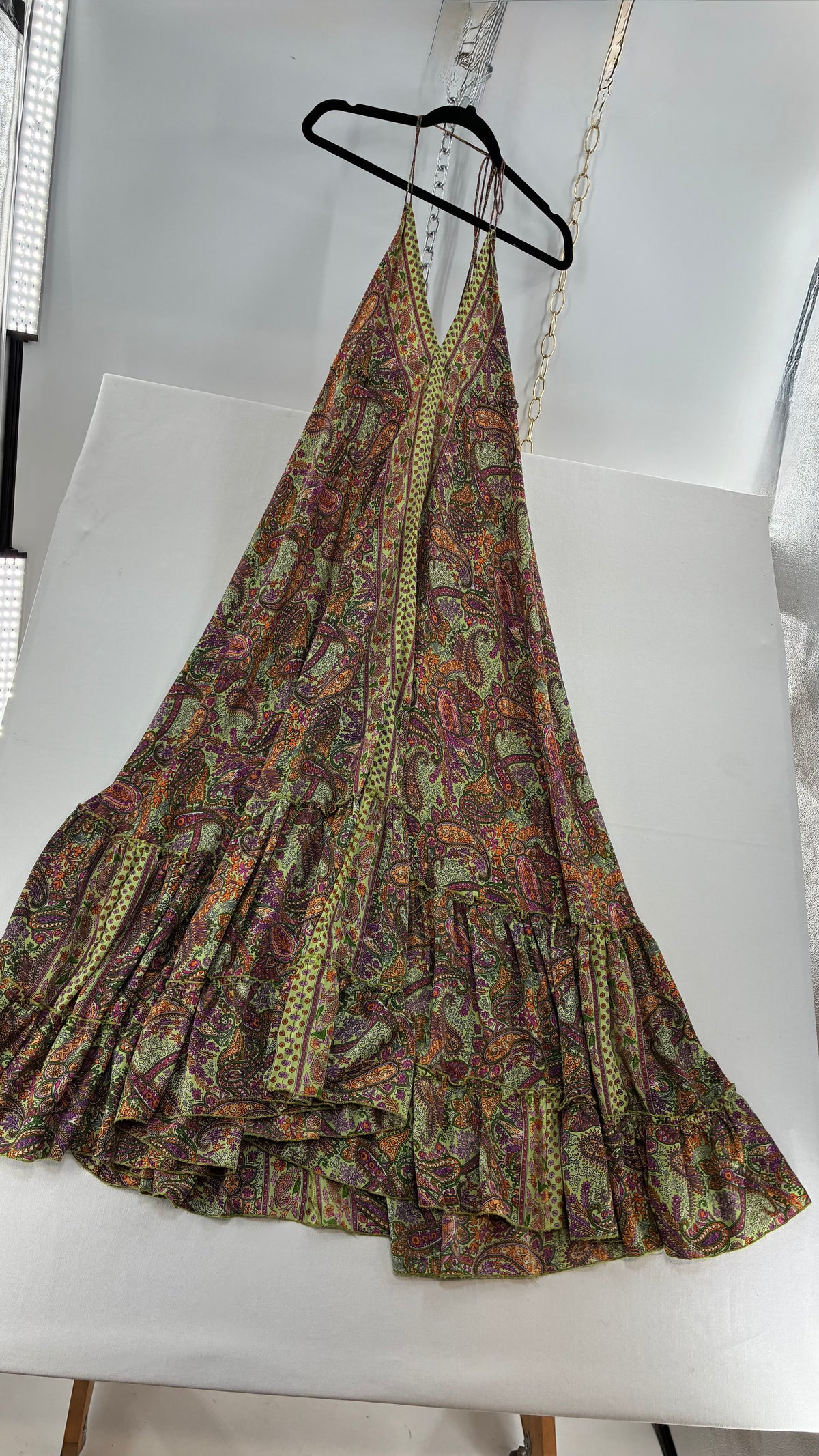 Vintage MIKV Paisley Patterned Flowy Full Length Gown with Low, Open Back Detail (OS)