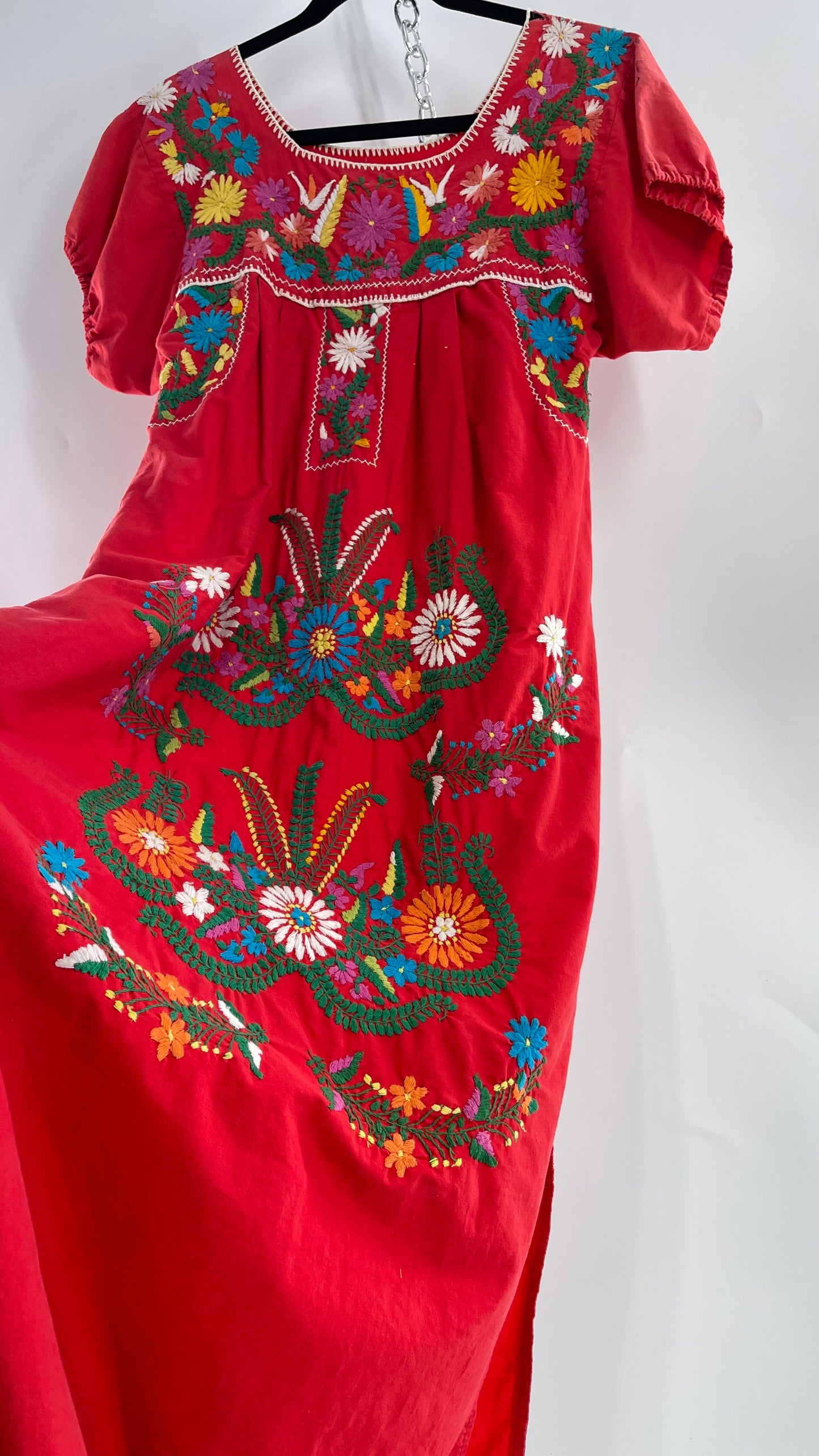 Vintage 1970s Red Cotton Dress with Hand Embroidered Florals Imported from Mexico (Small)