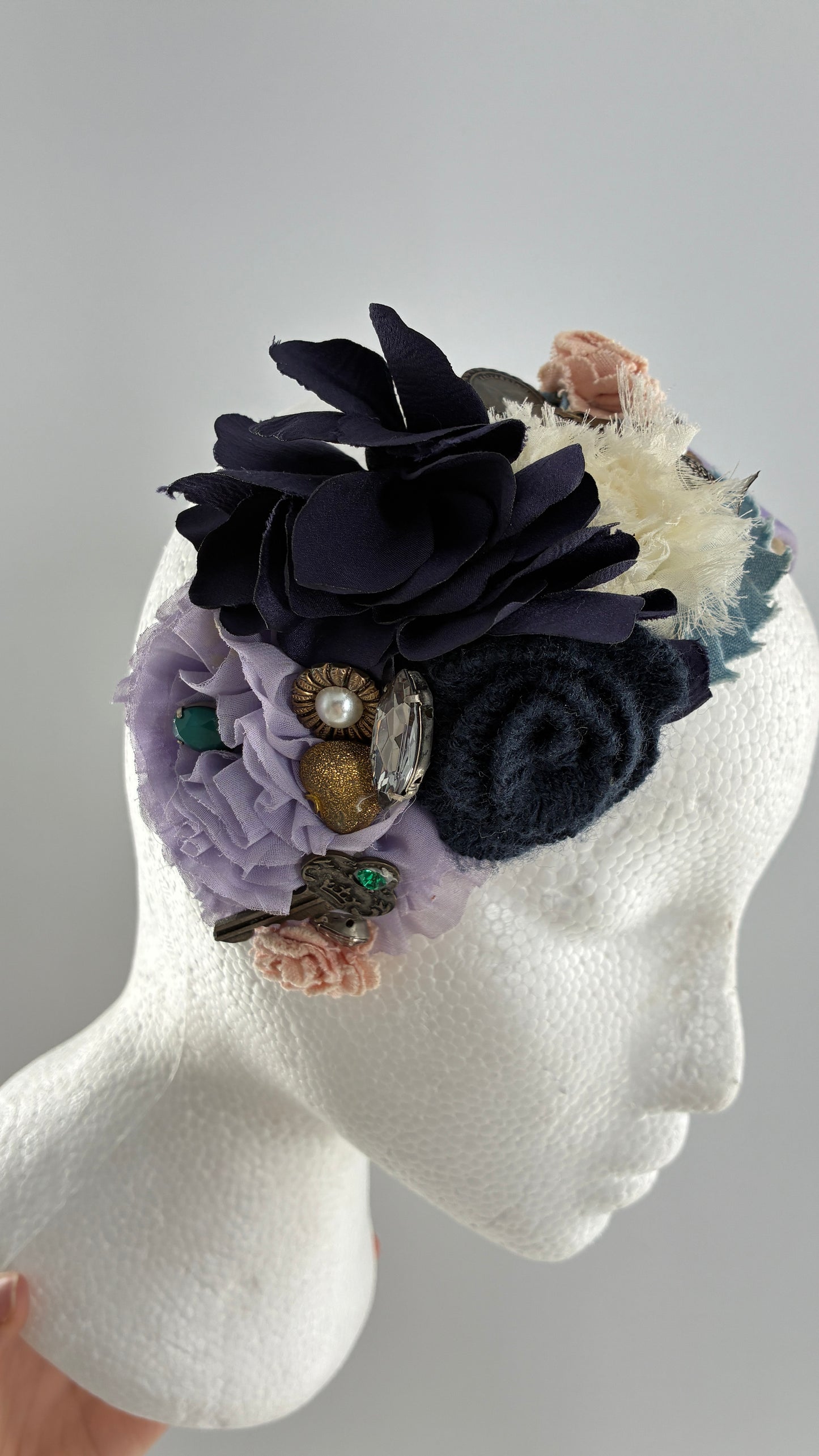 Vintage FARMER Handmade Lilac Headband with Purple Ribbon,  Pleated, Floral, and Gemstone Appliqués