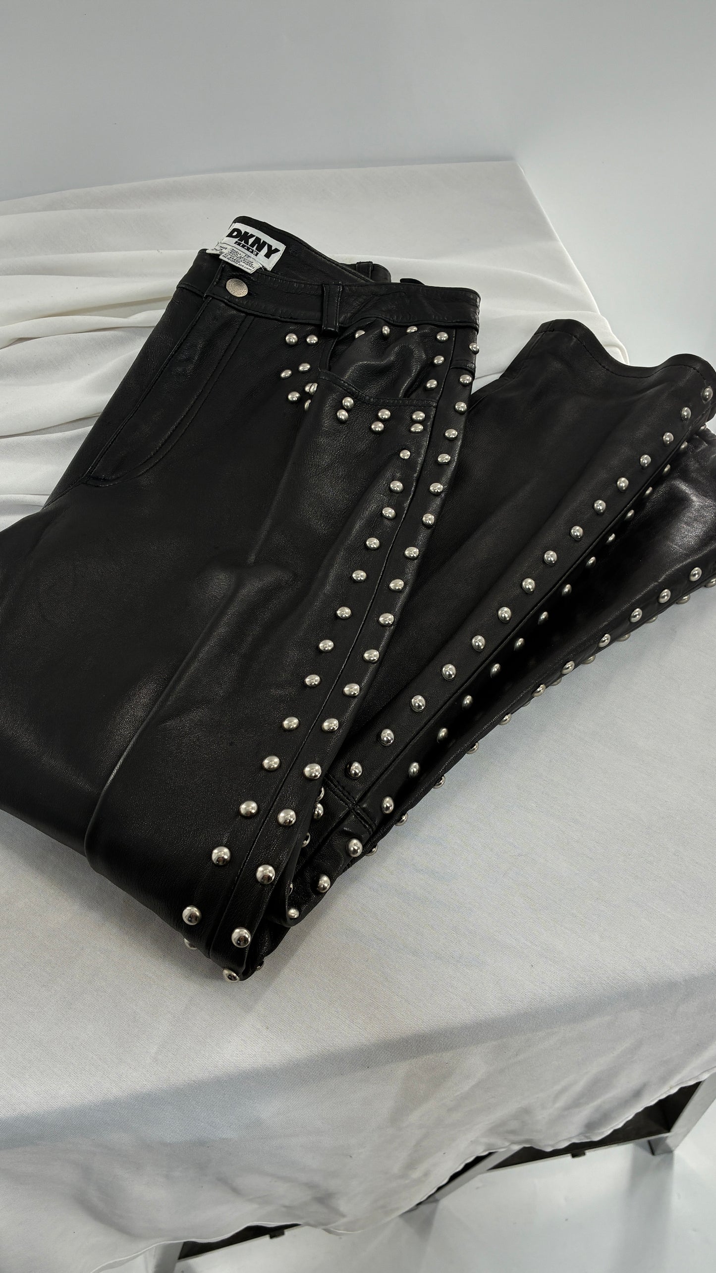 Vintage DKNY Genuine Leather Black Hip to Hem Studded Straight Legs (12)