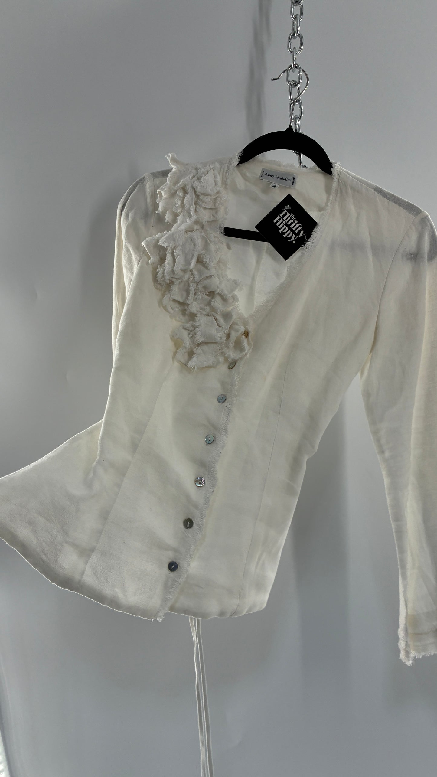 Vintage ANNE FONTAINE Off White Linen Woven Button Up Blouse with Back Corseting, Pearlescent Shell Buttons, and Rosette Details (36)