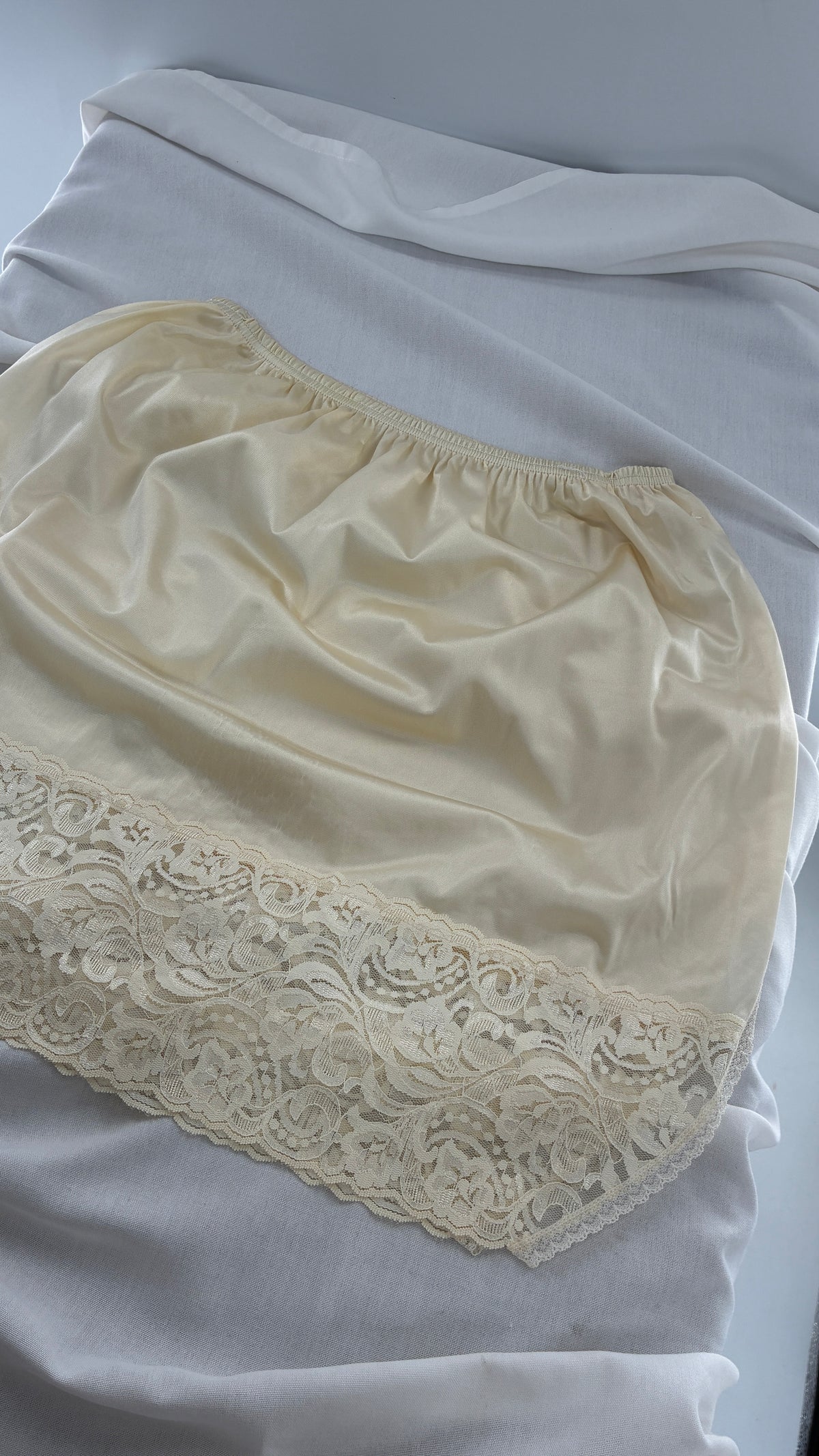 Vintage Vanity Fair Ivory Mini Slip Skirt with Slit and Wide Lace Trim (Medium)