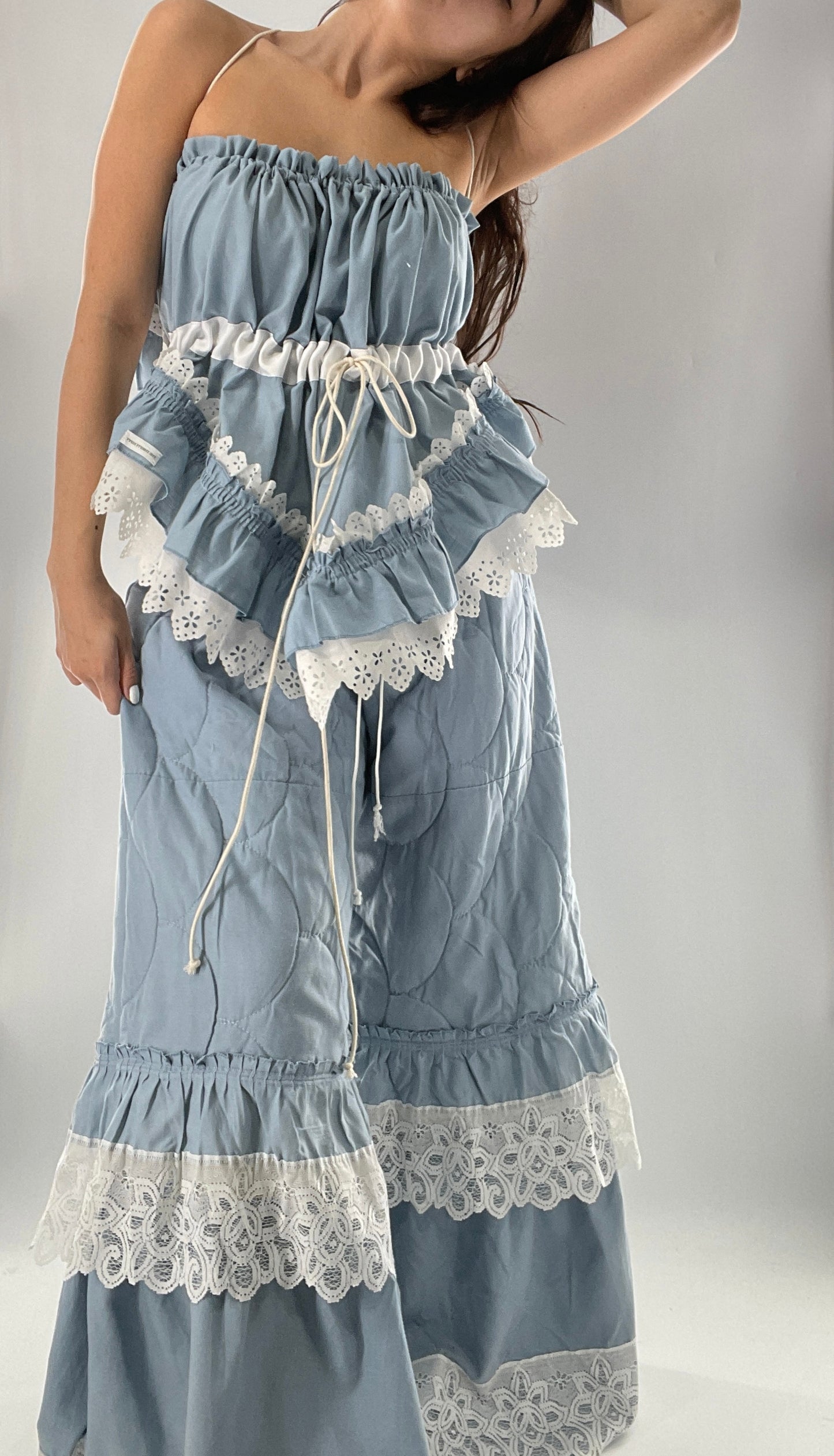 Vintage 2 Piece Powder Blue Set Featuring 2Way Blouse and Quilted Trousers Covered in Ruffles, Lace and Trim (One Size)