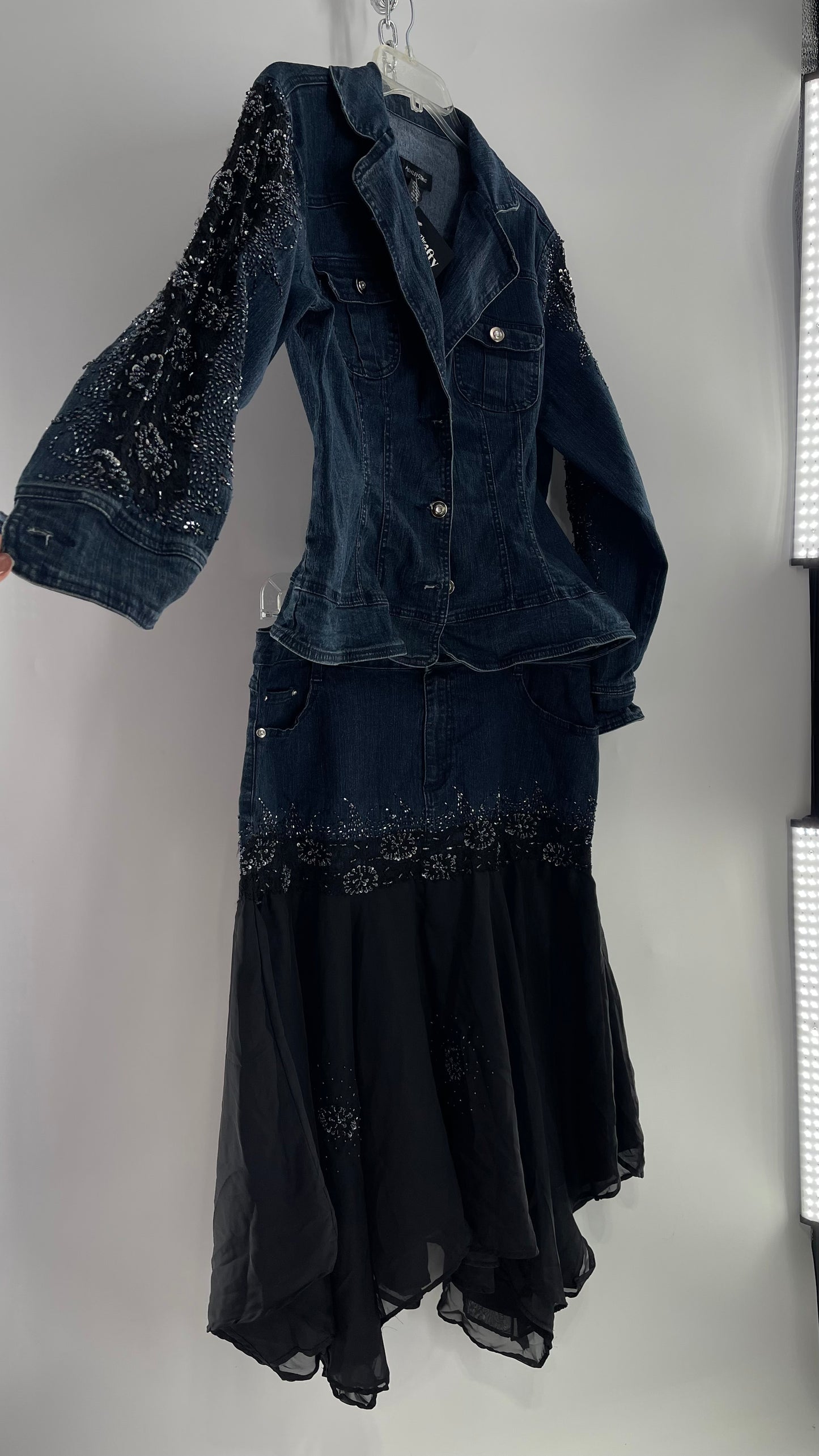 Vintage Ashley Stewart Denim Skirt and Button Up Set with Black Embroidered and Beaded Lace Details + Handkerchief Skirt (16W)