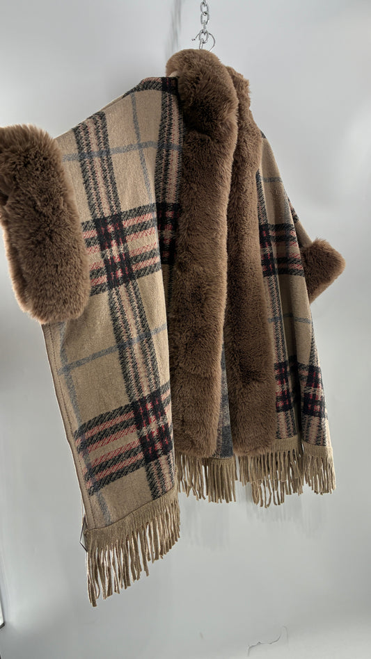 FADIVO NEW YORK Plaid Taupe Cape with Fur Trim and Tags Attached (OS)
