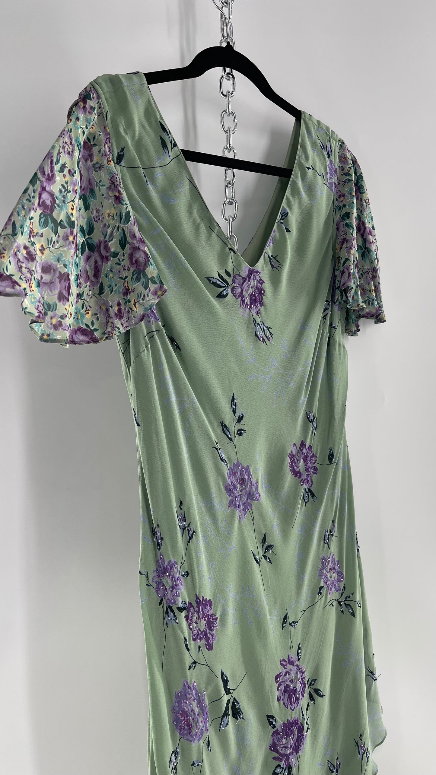 Vintage 1990s EVA BLUE Sage Green  Dress with Purple Beaded Florals and Handkerchief Hem(16)