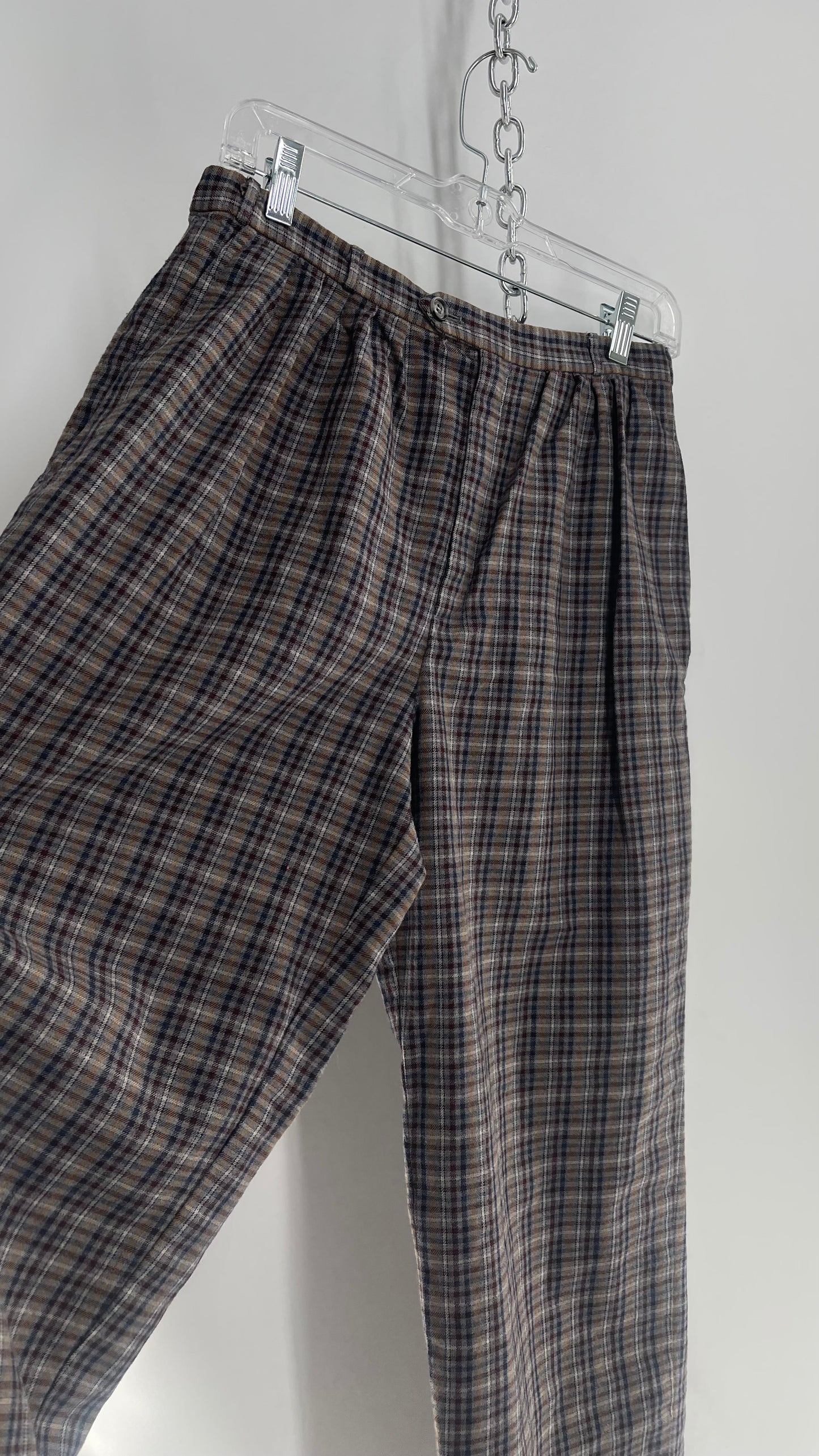 Vintage 100% Wool Gray Muted Tones Plaid Pleated Baggy Trousers (2)