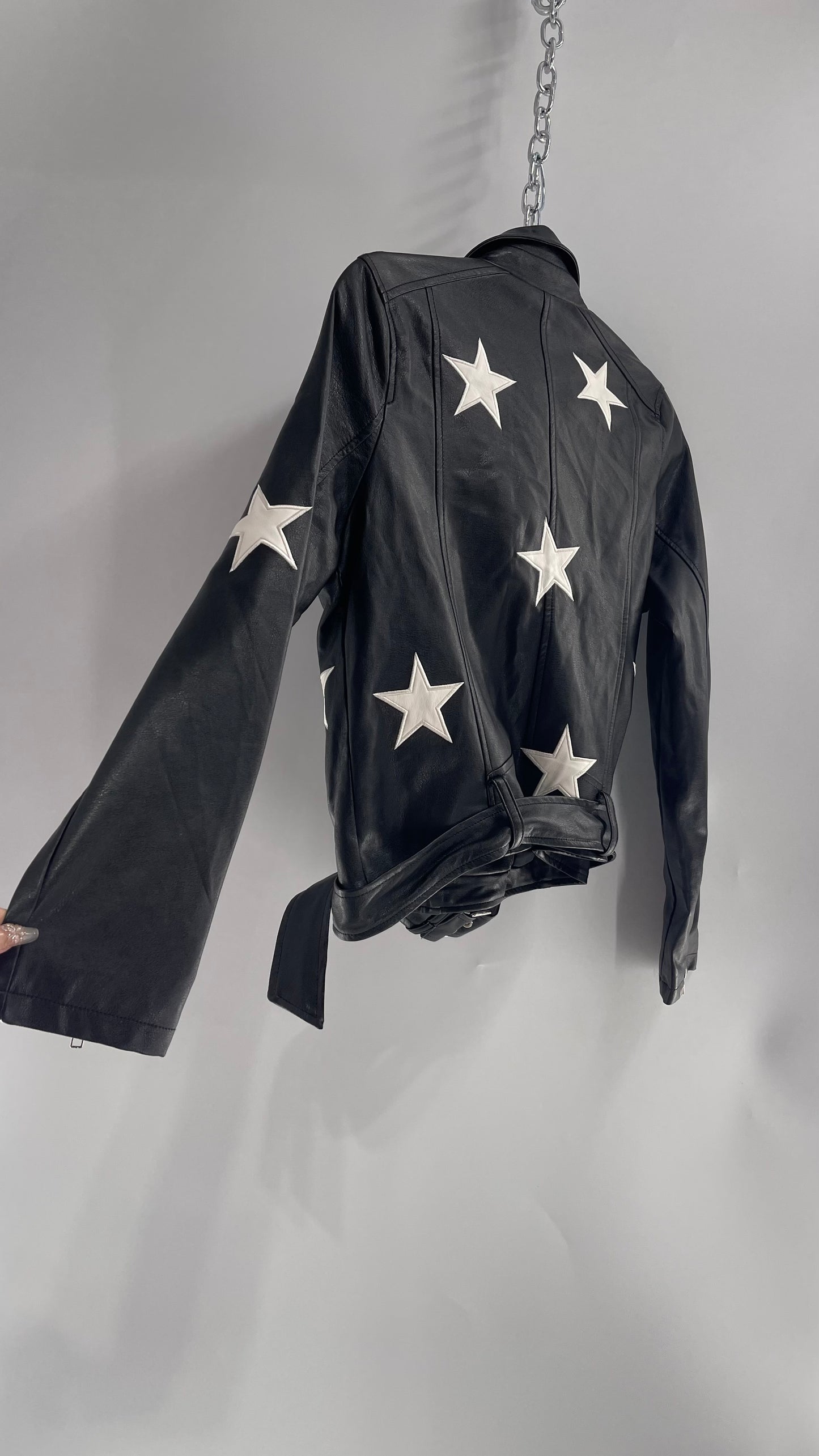 ZENANA Black Vegan Leather Motorcycle Jacket with White Patchwork Stars (Small)