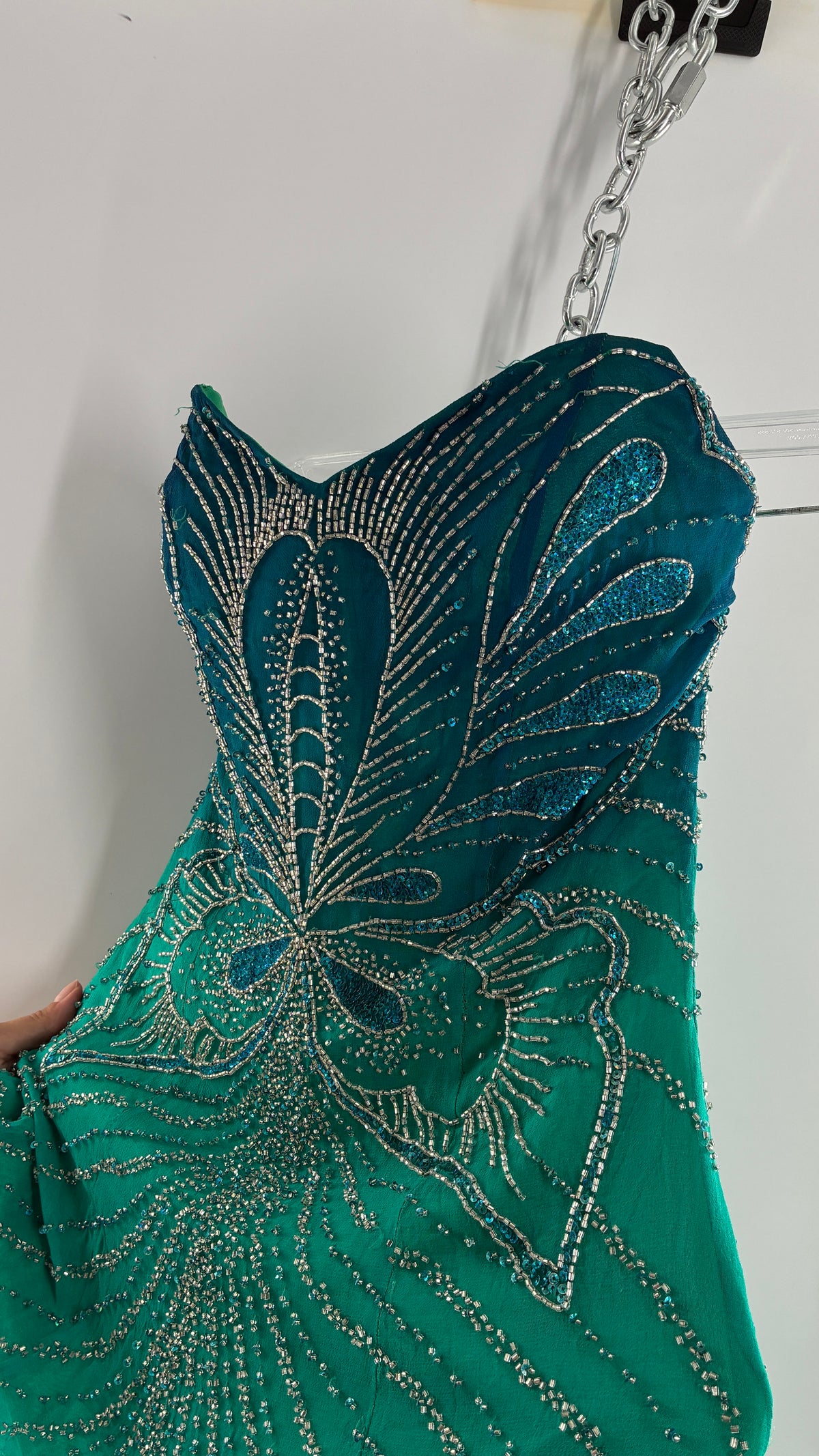 Vintage 1990s STUDIO17 100% Fully Beaded Silk Aquamarine Butterfly Dress (8)